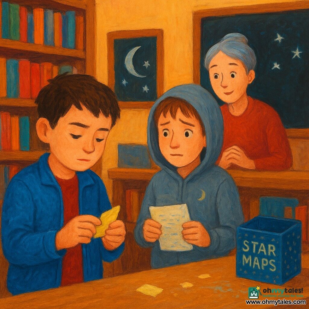 A boy (Jules), focused and calm face, short brown hair, light blue jacket, delicately holds a torn small yellow card in one hand and rubs a strip of paper with the other, soft light on his face; another boy (Finn, about 11), guilty but relieved expression, gray hood with a small embroidered moon, holds a note written in blue ink and looks toward Jules, standing by a shelf; a woman (Mrs. Lark, librarian, ~40), kindly surprised, gray hair in a bun, stands behind a wooden counter with hands clasped watching the scene. The setting is a small cozy library with wooden shelves of colorful books, a blackboard with a moon and small stars drawn in blue and white chalk, a display marked STAR MAPS with its box slightly open, a few yellow paper crumbs and chalk dust on a light table. Main moment: quiet discovery—letters appearing on the paper strip under warm light as Jules reveals them while Finn timidly confesses; tender, mildly dramatic atmosphere, warm colors, visible paint textures and clear details on the yellow card, blue chalk, and starry card box. Style: children's acrylic painting, soft strokes, saturated contrasting colors, clear readable expressions.