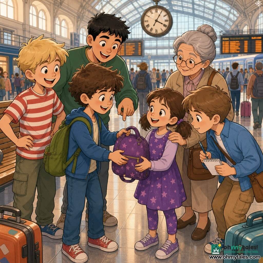 Six characters in a busy train station grand hall with shiny tiled floors, wooden benches, a large round clock, orange-and-black signs and scattered suitcases: Jamie, ~10, curly brown hair, bright eyes, green backpack, slightly forward handing a purple bag to Lily; Leo, ~10, short blond hair, mischievous smile, red-and-white striped T‑shirt, standing left of Jamie with hands on hips, laughing; Ethan, ~10, light brown hair, blue shirt, holding a notebook and pen, to Jamie’s right leaning in curiously; Max, ~11, tall and stocky, short black hair, green sweatshirt, behind Jamie pointing at the found bag; Lily, ~7, brown hair in pigtails, purple star dress, center facing Jamie, holding the purple bag with both hands and beaming; and their grandmother, ~65, gray hair in a bun, beige coat and round glasses, standing behind Lily with a tender hand on her shoulder. The children have just found a lost bag; Jamie returns it to Lily, others show surprise and joy, warm pastel colors and golden morning light convey cooperation and the solving of a small mystery.