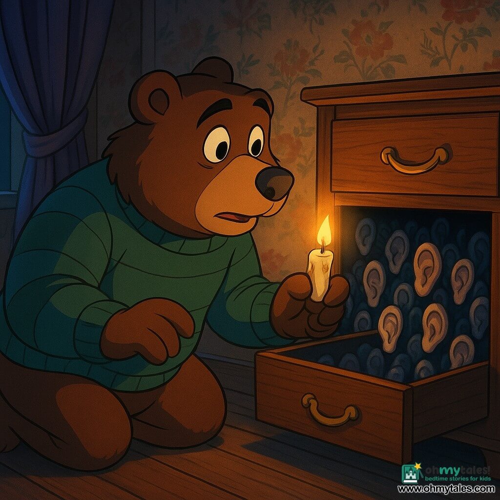A large anthropomorphic bear named Bram with soft brown fur and hazel eyes, wearing a worn green-striped sweater, kneels before an old varnished wooden dresser with one paw on a brass crescent handle and the other holding a trembling candle that lights his face; the slightly open middle drawer reveals a narrow dark corridor lined with hundreds of small pale ears stuck to the walls like shiny porcelain, still and attentive; a small bell on the drawer handle hangs from a string tied to a left bedpost, slightly crumpled as if it just rang; the room is warm at the center and cold at the edges with brown plank floors, faded floral wallpaper, heavy partially drawn curtains and long sharp candle shadows; Bram speaks softly to the open drawer, golden light emphasizing his worried but kind features while the ear-lined corridor is dense, slightly damp and bluish; graphic style: saturated colors with subdued shadows, sharp 90s cartoon outlines, visible wood and fur textures, and contrast lighting for a mysterious yet tender mood.