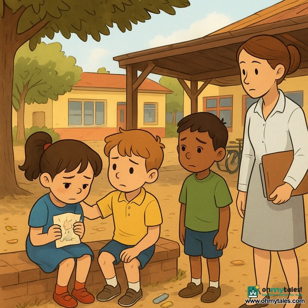 A 6-year-old girl, Maya, looking sad but bravely fragile, brown hair in pigtails, blue dress and red shoes, sits on a low wall holding a crumpled dusty drawing to her chest; about 7-year-old Jonah, slightly guilty and embarrassed in a green T-shirt, stands a few steps away with hands behind his back, realizing he was wrong; 6-year-old Tom, gentle and protective in a yellow polo, sits beside Maya with a comforting hand on her shoulder, looking toward her supportively; Miss Lila, a 30ish teacher with her hair tied and a light smock, approaches from the art room with a calm attentive face holding a folder or pencils; setting: sheltered corner of the school yard under a small bike awning, dirt ground with sunlit leaves, low bench, scattered chalk and papers, colorful school buildings in the background; scene: a gentle confrontation—Maya’s drawing tossed in the dust, Jonah ashamed, Tom comforting, Miss Lila arriving to listen and resolve, warm colors, soft rounded strokes, composition focused on faces and Tom’s protective hand.