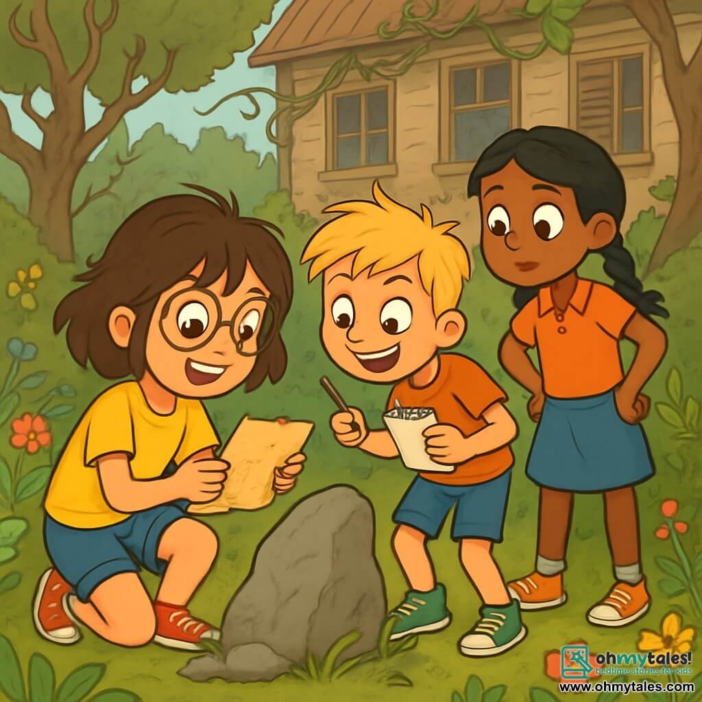 A 10-year-old girl, Lucy, with messy brown hair and round glasses, is crouched near a twisted stone, her face lit up with excitement and curiosity. She wears a bright yellow t-shirt and denim shorts, holding an old piece of paper in her hands, her eyes sparkling with discovery. Next to her, Tommy, a 10-year-old boy with messy blonde hair and a big smile, is frantically jotting notes in his notebook, standing on tiptoe to see better. Mia, a 10-year-old girl with braided black hair, is observing carefully around them, hands on her hips, ready to uncover more clues. Their environment is the wild garden of the old Willowby house, with colorful wildflowers, brambles, and gnarled trees, while the dilapidated facade of the house looms in the background, with dusty windows and creaking wooden shutters. The main scene shows Lucy discovering a mysterious clue, an old piece of paper, while her friends gather around, captivated by the idea of a treasure hunt in their neighborhood.
