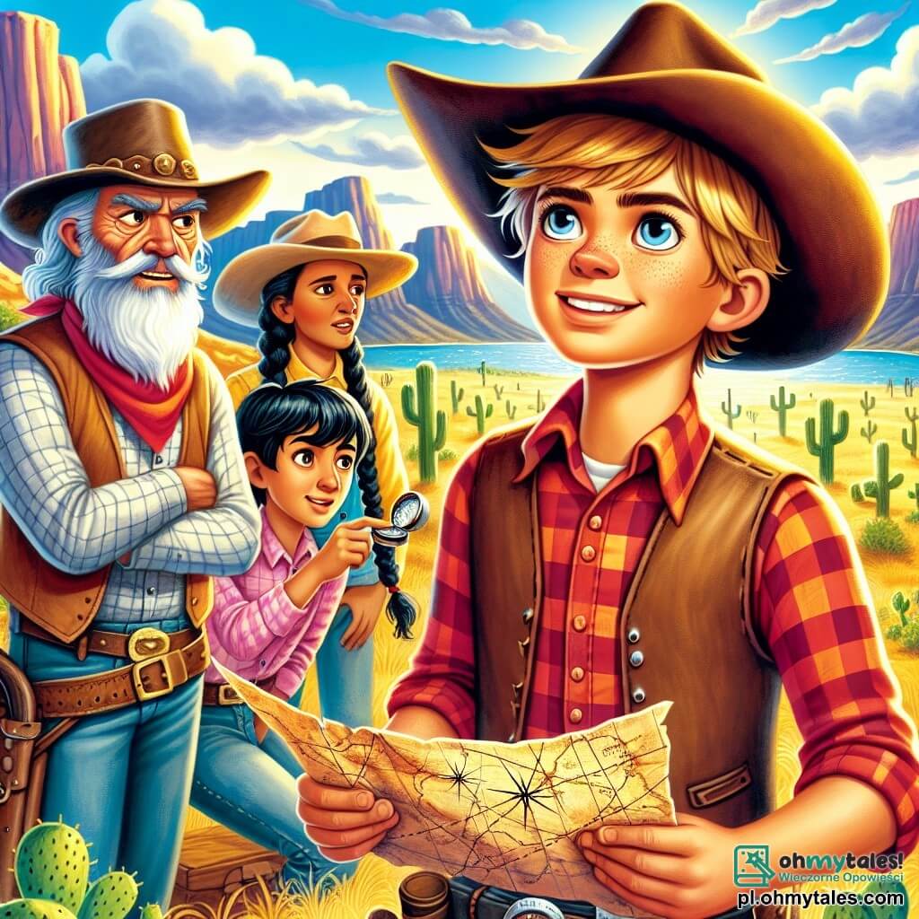 Cowboy Billy McGraw, mężczyzna o opalonej twarzy i błyszczących oczach determinacji, stoi na wzgórzu, jego kapelusz cowboyski jest przechylony na bok. Ma na sobie czerwoną koszulę w kratę i skórzaną kamizelkę, a jego wyraz twarzy jest zarówno odważny, jak i entuzjastyczny. Obok niego Jack, starszy mężczyzna z długą białą brodą i zużytym kapeluszem, bada starą mapę z skoncentrowanym spojrzeniem, podczas gdy Diego, młody Meksykanin z czarnymi włosami i żywymi oczami, klęczy obok niego, trzymając kompas i uśmiechając się z niecierpliwością. Annie, dziewczyna z warkoczami blond włosów, stoi nieco z tyłu, z założonymi rękami, z wyrazem ciekawości na twarzy. Krajobraz to rozległa, złota równina, usiana kaktusami i skałami, z majestatycznymi górami w tle pod jasnoniebieskim niebem. Główna sytuacja przedstawia Billy'ego i jego przyjaciół dyskutujących o najlepszej drodze do tajemniczego strumienia złota, otoczonych atmosferą przygody i ekscytacji.