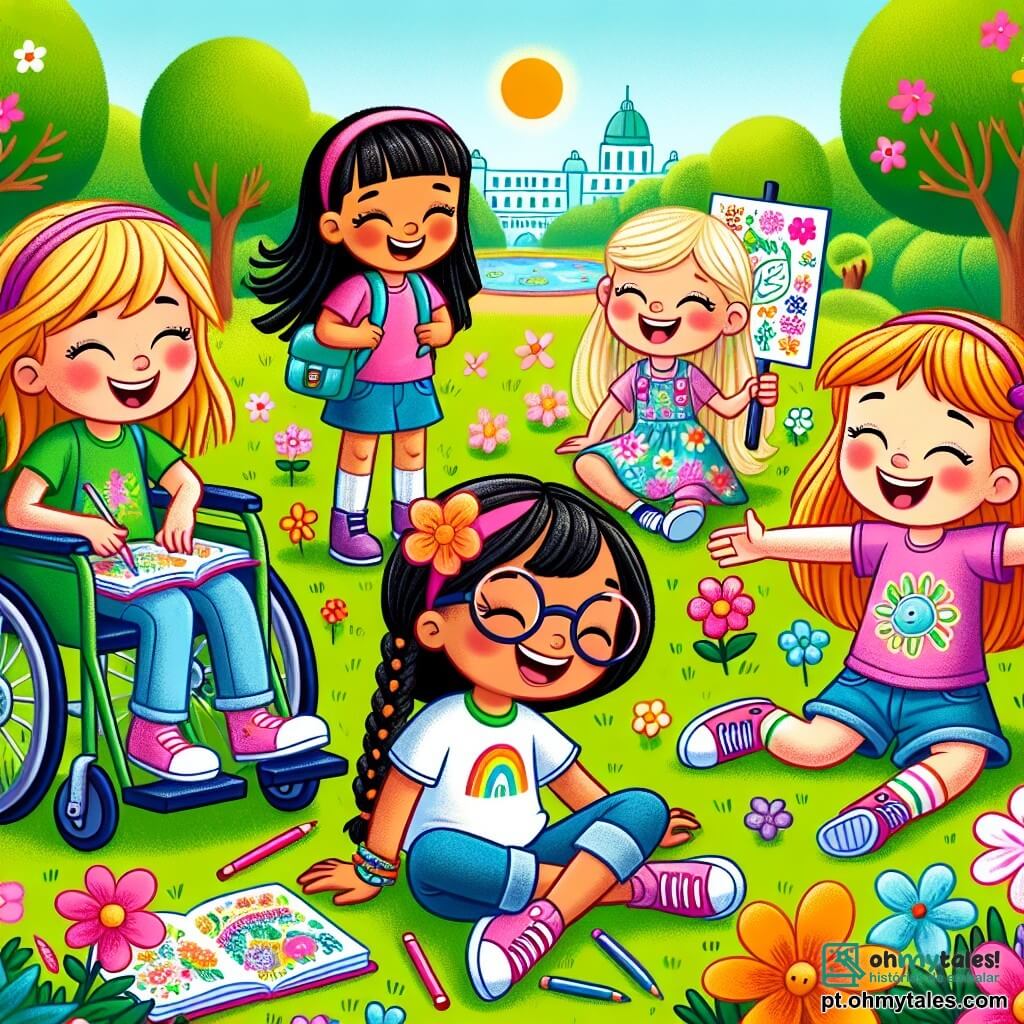 No centro da imagem, quatro meninas estão alegres em um parque ensolarado. Mia, uma menina de 10 anos com cabelos castanhos e óculos, sorri segurando um caderno de desenho em uma mão e um lápis na outra, sentada na grama entre flores coloridas. Lila, de 9 anos com cabelos loiros e tranças, está de pé ao lado de Mia, com os braços cruzados e um olhar curioso, vestindo uma camiseta verde e um short jeans. Ana, de 10 anos com cabelos negros e franja, está em sua cadeira de rodas, sorrindo, usando uma camiseta rosa e calças azuis, segurando um cartaz com a palavra "Ecologia" escrita em letras coloridas. Tati, de 9 anos com cabelos ruivos e óculos de sol, dança alegremente ao lado de Ana, vestindo um vestido florido. O parque é verde, com árvores majestosas, flores vibrantes e um céu azul claro. As meninas estão recolhendo lixo no parque, com sacos de lixo aos pés, rindo e conversando sobre a importância de proteger a natureza.