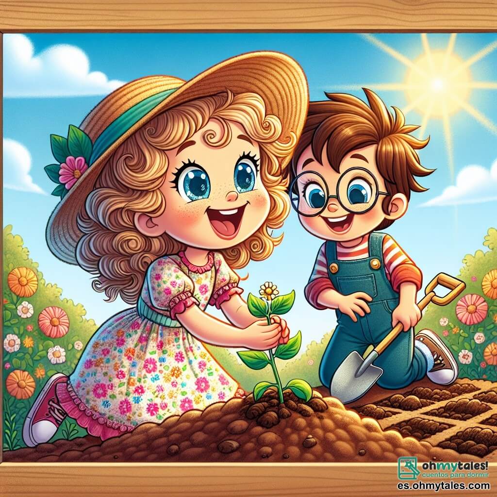 Una niña de 6 años, Clara, con cabello rubio y rizado, ojos azules brillantes de alegría, está plantando semillas en un jardín soleado. Lleva un vestido colorido de flores y un sombrero de paja, sonriendo con entusiasmo mientras coloca una pequeña semilla en la tierra. A su lado, su amigo Lucas, un niño de 6 años con cabello castaño y gafas redondas, la ayuda sosteniendo una pequeña pala. Sonríe ampliamente y está concentrado en su tarea, mirando a Clara con admiración. El jardín está lleno de tierra marrón, pequeñas plántulas verdes que comienzan a salir del suelo y flores coloridas que florecen a su alrededor. El cielo es azul con algunas nubes blancas, y el sol brilla, iluminando la escena con una luz cálida. Clara y Lucas están creando un jardín juntos, plantando semillas y regando las pequeñas plántulas, llenos de emoción y esperanza por ver crecer sus flores.