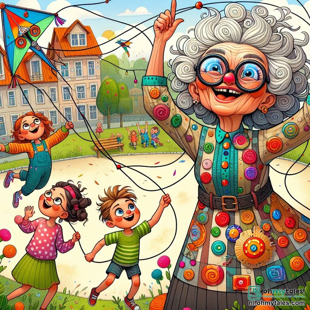Mevrouw Fiep is een excentrieke vrouw van ongeveer vijftig jaar, met tousled haar en ronde brillen die van haar neus glijden. Ze draagt een kleurrijke blouse vol verfspatten en glimlacht enthousiast met haar armen in de lucht als teken van triomf, terwijl ze naast haar Vliegerbestuurmachine staat, een kleurrijke machine met glanzende knoppen en verwarde draden. In de buurt kijkt een groep van drie kinderen, twee jongens en een meisje, met grote ogen naar de scène. Timmy, een 7-jarig jongetje met blonde, rommelige haren, draagt een rode pet en houdt een kleine vlieger in zijn handen. Naast hem springt Lila, een 6-jarig meisje met bruine vlechten, van blijdschap met haar armen omhoog, terwijl haar kleine broertje Max, een 5-jarig jongetje met ronde wangen, probeert een van de vliegers te vangen die de lucht in stijgen. De scène speelt zich af op het gouden en groene dorpsplein, een open ruimte omringd door bloeiende bomen en kleurrijke huizen. Kinderen spelen eromheen, terwijl volwassenen lachen en applaudisseren, wat een vrolijke en levendige sfeer creëert. De hoofdactie toont Mevrouw Fiep die haar machine activeert, wat een verbluffende show van vliegers in de lucht veroorzaakt die leuke en kleurrijke figuren vormen, terwijl de kinderen verwonderd zijn en van blijdschap lachen.