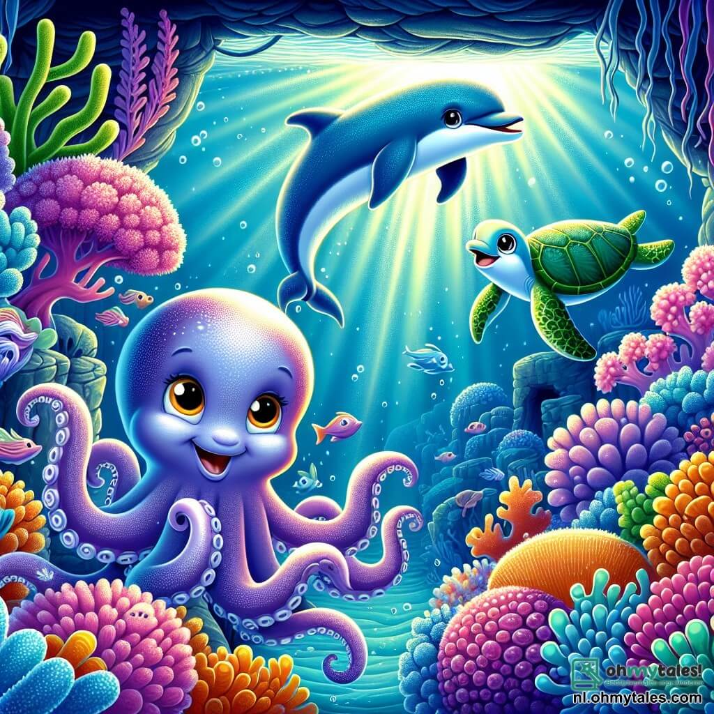 Een jonge octopus met vibrerende armen en heldere kleuren, Ollie, toont een uitdrukking van opwinding en nieuwsgierigheid op zijn gezicht. Zijn ogen stralen van anticipatie terwijl hij een mysterieuze onderwater doorgang verkent, omringd door kleurrijke koralen. Naast hem zwemt een gracieuze dolfijn genaamd Luna, met een gladde, zilveren huid, vrolijk, haar stralende glimlach getuigt van enthousiasme. Ze maakt sierlijke sprongen in het water, verlicht door stralen licht die door het oppervlak filteren. Hun vriend Timo, een zeeschildpad met een groene, getextureerde schaal, volgt hen van dichtbij, met een uitdrukking van verwondering. Hij beweegt langzaam, terwijl hij de onderwaterwonderen met ronde, nieuwsgierige ogen observeert. De achtergrond is een prachtig koraalrif, vol met koralen in levendige tinten van roze, oranje en paars, met kleurrijke vissen die om hen heen zwemmen. Algen golven zachtjes in het water, wat een magische en betoverende sfeer creëert. De hoofdscène toont Ollie, Luna en Timo die zich naderen tot een mysterieuze donkere ingang, verborgen achter algen, vol opwinding en angst, klaar om de geheimen van de oceanen te ontdekken.