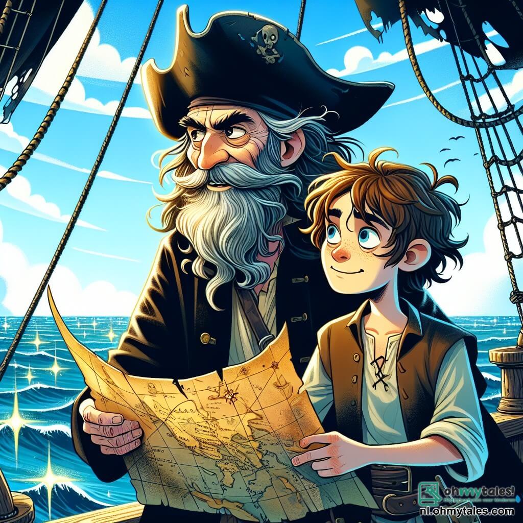 De hoofdpersoon, een man van ongeveer 60 jaar, is Kapitein Hendrik. Hij heeft een lange grijze baard, een versleten piratenhoed en een vastberaden blik, terwijl hij een oude kaart in zijn handen houdt en met een uitdrukking van opwinding en nostalgie naar de horizon kijkt. Naast hem staat een jonge jongen van ongeveer 12 jaar, de boodschapper, met rommelig bruin haar en een eenvoudige shirt. Hij kijkt met bewondering naar Hendrik, terwijl hij een piratenvlag in zijn hand vasthoudt, klaar om hem te helpen in dit avontuur. De scène speelt zich af op het dek van een oud piratenschip, met zwarte zeilen die in de wind wapperen, verwarde touwen en een blauwe lucht met witte wolken. Op de achtergrond zie je de uitgestrektheid van de oceaan, met glinsterende golven onder de zon. De belangrijkste situatie toont Hendrik en de jonge boodschapper die een mysterieuze schatkaart ontdekken, omgeven door een sfeer van avontuur en mysterie, klaar om aan een nieuwe spannende zoektocht te beginnen.