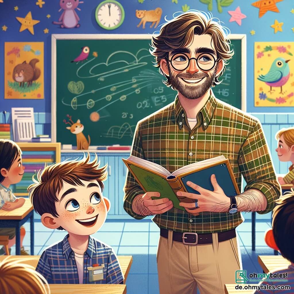 Ein Lehrer, ein etwa dreißigjähriger Mann mit zerzausten braunen Haaren und runden Brillen, lächelt herzlich vor einer großen, bunten Tafel in einem hellen Klassenzimmer. Er trägt ein kariertes Hemd und beige Hosen und hält ein offenes Buch in den Händen, bereit, eine fesselnde Geschichte mit seinen Schülern zu teilen. Neben ihm sitzt ein 8-jähriger Junge namens Tim mit einer Strähne brauner Haare auf der Stirn, der mit leuchtenden Augen voller Aufregung zuschaut. Er sitzt auf einem kleinen Holzstuhl, die Hände auf den Knien, gespannt darauf, seinen Traum, Astronaut zu werden, zu teilen. Das Klassenzimmer ist mit bunten Dekorationen gefüllt: Tierplakate, Zeichnungen von Sternen und Wolken sowie Holztische, an denen andere Kinder sitzen und aufmerksam zuhören. Die Hauptsituation zeigt den Lehrer und Tim, die über die Bedeutung von Träumen und Bildung diskutieren, umgeben von ihren Mitschülern, die alle von der Idee fasziniert sind, die Welt durch ihre Geschichten zu entdecken.