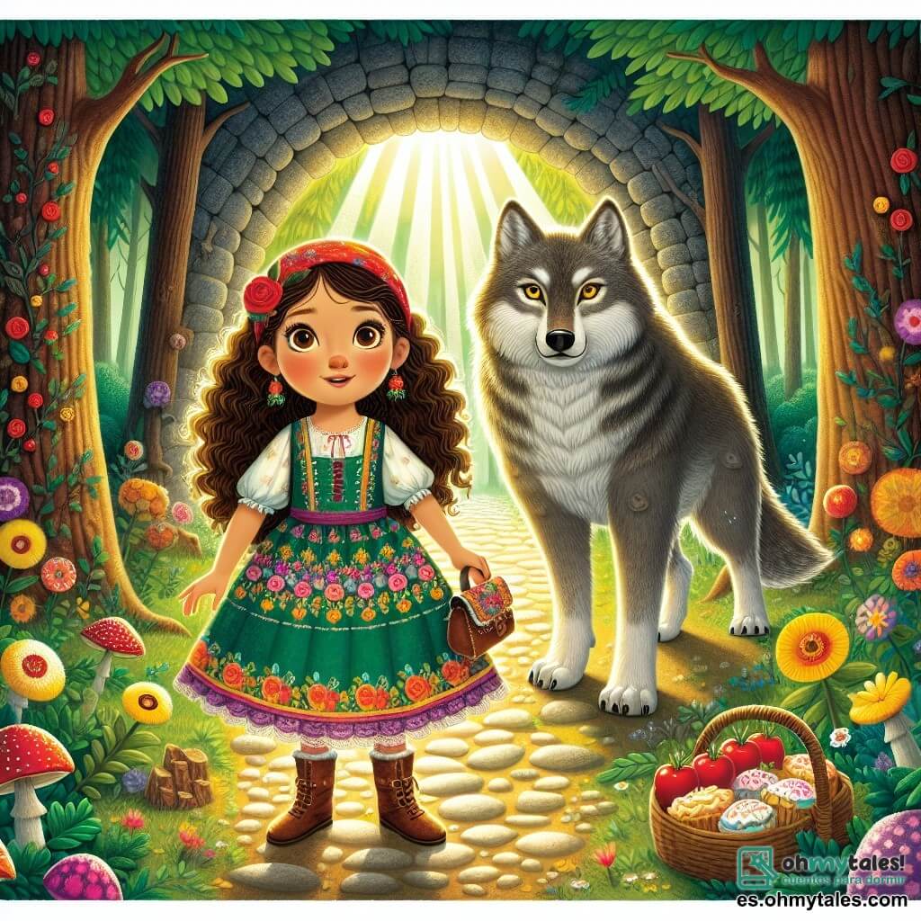 Una niña de 12 años, llamada Lucía, se encuentra valientemente frente a la entrada de una cueva oscura, con sus grandes ojos marrones brillando de emoción y curiosidad. Tiene el cabello largo y rizado, viste un vestido colorido con motivos florales y lleva una pequeña mochila llena de galletas. A su lado, un gran lobo de pelaje grisáceo, con ojos dorados y un aire sabio, la observa con benevolencia, listo para compartir sus historias. El lobo se mantiene ligeramente en segundo plano, mostrando que está ahí para proteger a Lucía. El escenario es un bosque encantado, con árboles majestuosos y hojas de un verde brillante, mientras que rayos de luz filtran a través del follaje, iluminando la entrada de la cueva. Flores coloridas y champiñones multicolores adornan el suelo, añadiendo un toque de magia al entorno. Lucía, decidida y curiosa, está lista para entrar en la cueva y conocer al lobo, quien, con una postura acogedora, la invita a descubrir los secretos del bosque.