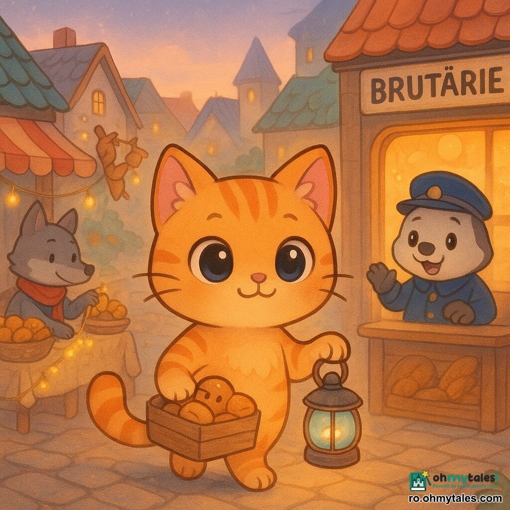 Un motan chibi portocaliu cu dungi, mustăți ondulate și ochi mari curioși, ține în labe o cutie cu curmale și un mic felinar arămiu cu geam albastru care luminează blând; un felinar vorbitor, rotund, metal învechit, pare să șoptească idei. În plan secund, un polițist-bursuc chibi în uniformă, zâmbitor, salută lângă o brutărie cu ferestre luminate; alți personaje: un lup chibi elegant cu eșarfă roșie aranjează ghirlande și câteva veverițe jucăușe atârnă beteală la tarabă. Loc: o stradă de bazar la apus cu case cu acoperișuri colorate, felinare agățate și tarabe cu curmale și pâine; atmosfera e liniștită, așteptătoare, în culori pastelate și detalii cosy.