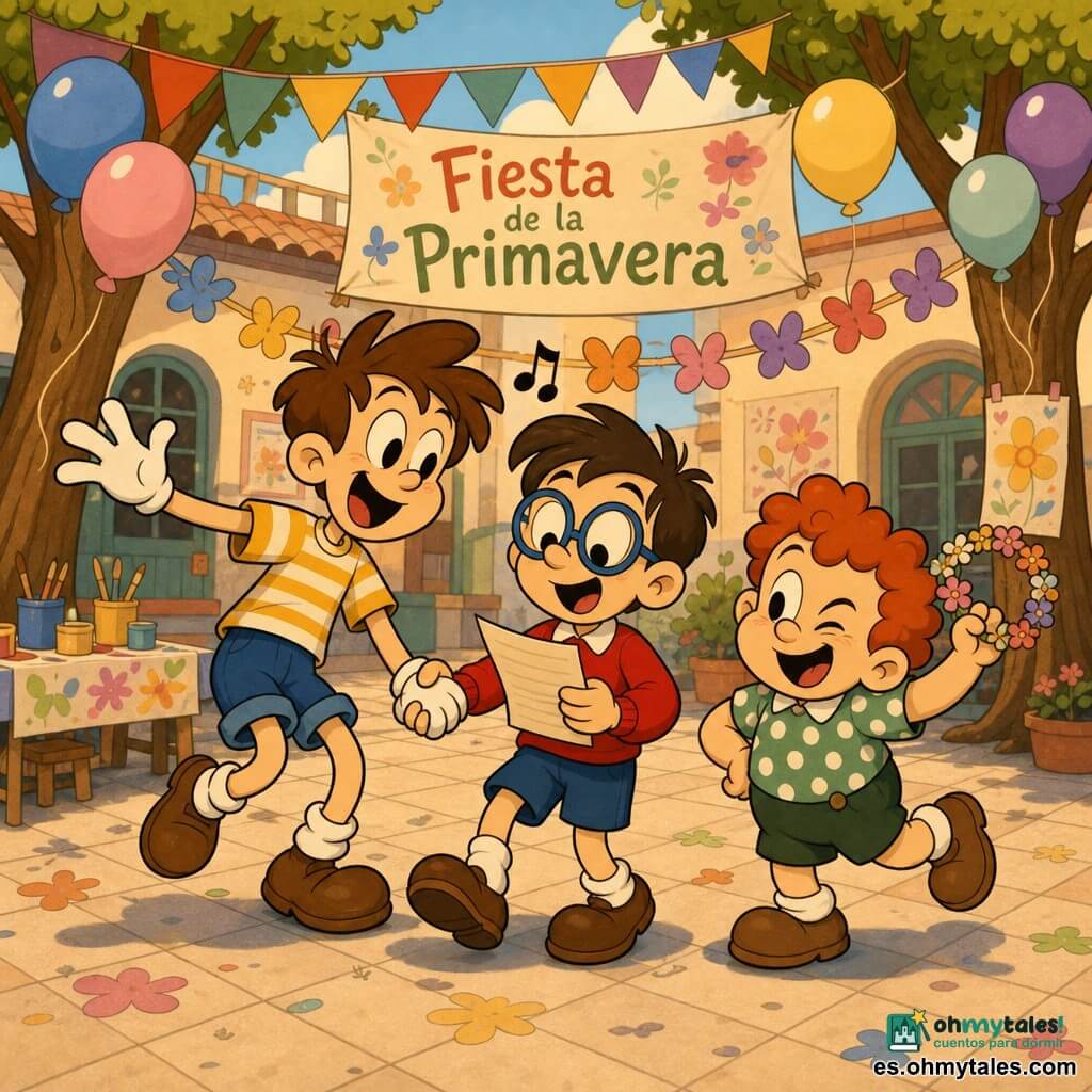 Tres niños de unos 7 años en el patio escolar decorado: Tomás, alto para su edad, pelo castaño despeinado, camiseta amarilla a rayas blancas y pantalón corto azul, sonriente, a la izquierda; Lucas, de estatura media, gafas redondas azules, suéter rojo, sostiene una hoja con la canción, tímido pero contento, en el centro; Martín, bajito y regordete, pelo rizado rojo, camisa verde de lunares, guiña un ojo y sostiene una pequeña corona de flores, a la derecha. Están cantando y practicando una danza sencilla bajo globos pastel y banderines entre dos árboles, con risas y gestos alegres; al fondo mesa con botes de pintura y un cartel pintado a mano «Fiesta de la Primavera». Ambiente de final de tarde, colores cálidos, estilo cartoon retro con siluetas redondeadas y contornos negros gruesos.