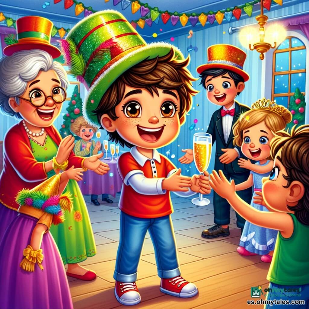 Un niño de 10 años, Pedro, con cabello castaño desordenado y ojos brillantes de alegría, está en el centro de la escena, sonriendo mientras reparte sombreros de fiesta coloridos a sus invitados. Lleva una camiseta roja y pantalones azules, y su rostro refleja la emoción de la fiesta. A su derecha, su abuela, una mujer mayor con cabello gris recogido y gafas redondas, lleva un sombrero de plumas verdes y sonríe dulcemente a Pedro mientras sostiene una copa de champán. A su izquierda, su primo Carlos, un niño de 12 años con cabello negro y una gran sonrisa, lleva un sombrero brillante y hace gestos cómicos, provocando risas a su alrededor. La escena tiene lugar en una sala de fiestas cálida, decorada con serpentinas de colores y globos, con una gran mesa llena de deliciosos aperitivos y bebidas espumosas. Pedro está entregando un sombrero brillante a su hermana Clara, una niña de 6 años con cabello rubio y ojos azules, que salta de alegría al ver el sombrero con una tiara dorada. La habitación está llena de risas y emoción mientras la familia se prepara para celebrar el Año Nuevo juntos, en un ambiente de felicidad y complicidad.