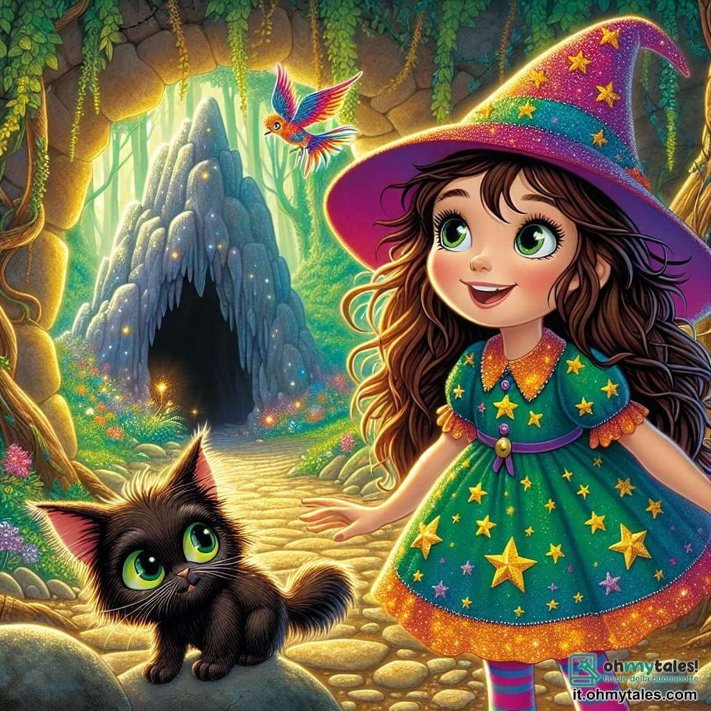 Una ragazza di 10 anni, Mia, con lunghi capelli castani in disordine e occhi brillanti di curiosità, si trova davanti a una caverna misteriosa. Indossa un vestito colorato decorato con motivi di piccole stelle e un cappello a punta leggermente inclinato. Il suo viso esprime una gioia determinata, mescolata a eccitazione e apprensione. Accanto a lei, un piccolo gatto nero di nome Goffredo, con occhi verdi brillanti, osserva la caverna con aria intrigata, seduto sulle zampe posteriori. Un uccello dalle piume arcobaleno, Tillo, vola appena sopra Mia, le sue ali vibranti illuminano l'aria intorno a loro. La scena si svolge all'ingresso di una caverna buia, circondata da grandi pietre scintillanti e liane verdi. La luce del sole filtra attraverso gli alberi, creando ombre danzanti sul terreno. Con un sorriso audace, Mia si prepara a entrare nella caverna per risvegliare un drago sbadato, un compito che sembra sia spaventoso che emozionante.