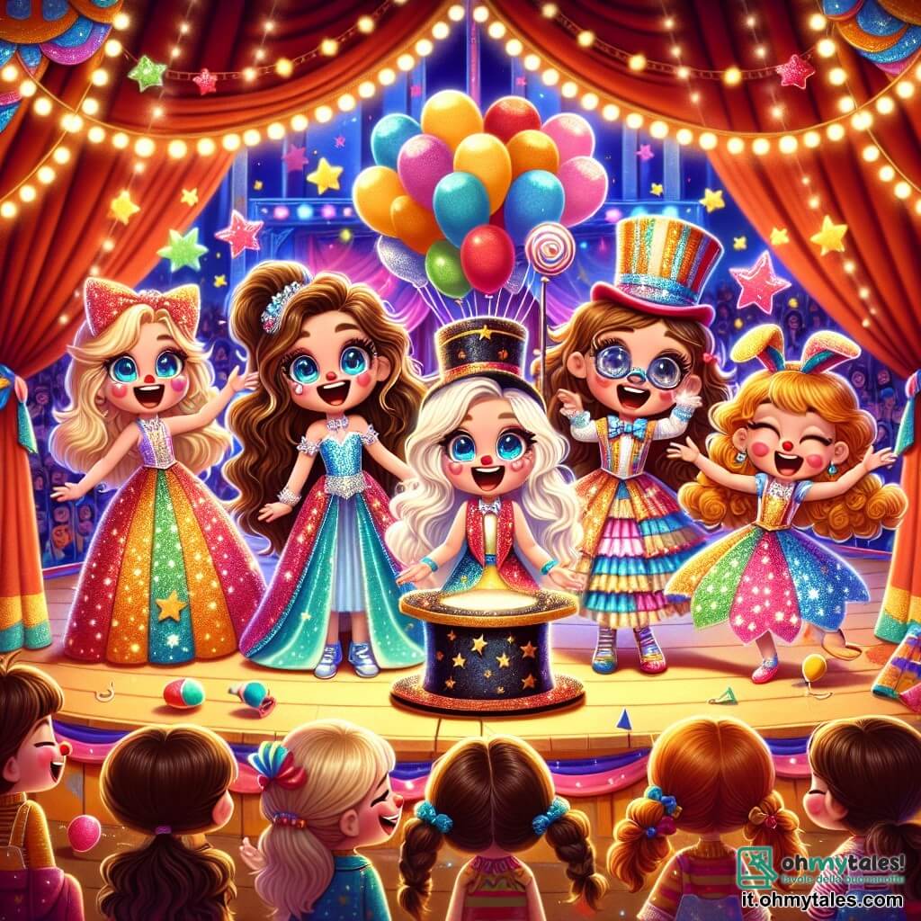 Al centro dell'immagine, quattro ragazze di nove anni, Giulia, Sofia, Martina e Chiara, sono riunite su un palco di un circo colorato. Giulia, con i lunghi capelli castani e un grande sorriso, indossa un costume da maghetta scintillante. Sofia, con capelli biondi e occhi vivaci, è vestita da clown con un naso rosso e un grande cappello. Martina, con i capelli ricci e gli occhiali, indossa un vestito colorato con stelle, mentre Chiara, con le trecce e un viso birichino, è vestita da coniglio. Si tengono in cerchio, ridendo e preparandosi a eseguire il loro numero di magia comica. Sullo sfondo, il grande tendone del circo è decorato con luci brillanti e festoni colorati, creando un'atmosfera festosa. I spettatori sono seduti su panche di legno, in attesa dello spettacolo, mentre palloncini fluttuano nell'aria. La scena principale mostra le quattro amiche mentre realizzano un numero di magia esilarante, in cui Giulia finge di far sparire un grande pallone dietro la schiena, mentre Sofia, con un gesto teatrale, lo fa riapparire sulla testa di un clown divertito. Le espressioni gioiose delle ragazze e degli spettatori catturano lo spirito della magia e delle risate al circo.