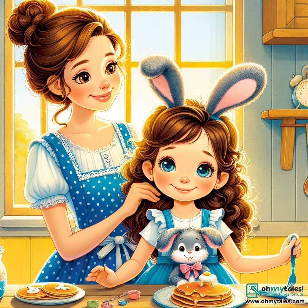 An 8-year-old girl with curly brown hair is wearing a blue dress with white polka dots. She has a big smile, but her eyes show a hint of sadness. She is holding a stuffed rabbit named Mr. Fluff, which has long, soft ears. Next to her, her mother, a woman in her thirties with brown hair tied in a bun, smiles tenderly while stroking her head. They are in a bright kitchen with yellow walls and a large window letting in sunlight, illuminating a wooden table with animal-shaped pancakes. The girl and her mother are preparing breakfast together, sharing a moment of closeness.