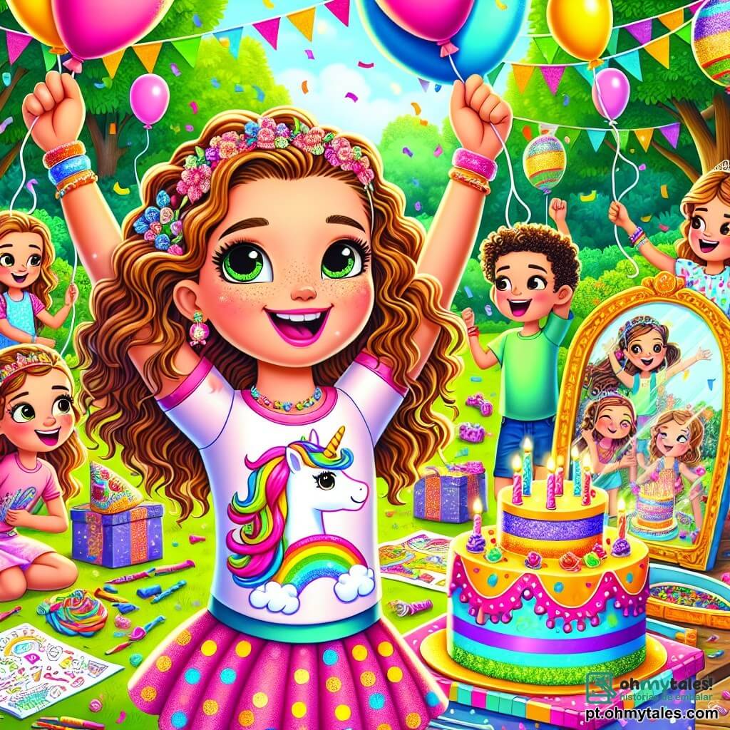 Uma menina de 10 anos, Marina, com cabelos castanho-cacheados e olhos cheios de curiosidade, está no centro da imagem, com um grande sorriso no rosto e os braços levantados em sinal de alegria. Ela usa uma camiseta rosa com um desenho de unicórnio e uma saia de bolinhas coloridas, cercada por balões flutuantes. À sua direita, sua melhor amiga Sofia, também de 10 anos, com cabelos longos e lisos presos em um rabo de cavalo, olha para Marina com um sorriso radiante, segurando um desenho colorido nas mãos. À esquerda, Tiago, um menino de 10 anos, com cabelos curtos e loiros, faz uma careta engraçada diante de um espelho, rindo alto. O cenário é um parque verdejante, cheio de flores vibrantes e árvores majestosas, sob um céu azul brilhante. Ao fundo, um grupo de crianças se diverte em torno de uma grande caixa colorida, enquanto um grande bolo decorado com confetes está em uma mesa de madeira. A cena representa o momento em que Marina e seus amigos descobrem uma caixa mágica cheia de desafios divertidos, todos expressando emoções de surpresa e alegria, prontos para compartilhar suas histórias e viver uma aventura inesquecível juntos.