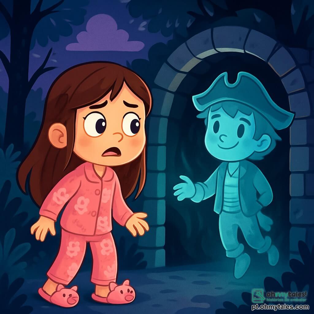 Uma menina de 8 anos, chamada Mia, com longos cabelos castanhos e olhos brilhantes de curiosidade, está diante de um túnel escuro. Seu rosto expressa tanto maravilha quanto leve preocupação, com as sobrancelhas franzidas e a boca entreaberta, como se hesitasse em entrar. Ela veste um pijama rosa com estampas de coelhinhos e pantufas em forma de porquinho. Ao lado dela, um menino transparente chamado Nico, com cerca de 9 anos, cabelos bagunçados e um chapéu de pirata, sorri timidamente. Ele flutua levemente acima do chão, suas roupas de pirata estão desbotadas e parecem flutuar no ar. O local é uma floresta misteriosa, com árvores negras e folhas prateadas brilhantes, e um céu noturno repleto de nuvens roxas. O túnel, que sai de uma velha parede de pedra, é escuro e úmido, com estranhas luzes emanando das paredes. A cena principal mostra Mia hesitando em entrar no túnel, enquanto Nico a encoraja com um sorriso tranquilizador. Sombras dançam ao redor deles, criando uma atmosfera mágica e levemente assustadora, cheia de mistério e aventura.