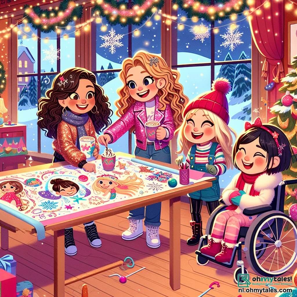 Vier blije meisjes van 8 tot 10 jaar staan in een warme, feestelijke kamer. Emma, een meisje met bruin, krullend haar, draagt een glanzende roze jas en glimlacht terwijl ze een kop warme chocolademelk vasthoudt. Rechts van haar staat Lotte, met gevlochten blond haar, die een rode muts draagt en enthousiast danst. Links is Sara, met kastanjebruin, steil haar, die versieringen op een grote kleurrijke poster plakt. Ten slotte is Noor, met zwart, kort haar, in haar mooie rolstoel, lachend en met een sneeuwbal in haar hand. De scène speelt zich af in een feestzaal versierd met glinsterende slingers en kleurrijke ballonnen, met een groot raam dat uitkijkt op besneeuwde bergen. Sneeuwvlokken vallen zachtjes naar beneden, wat een magische sfeer creëert. De meisjes bereiden een grote poster voor met hun voornemens voor het nieuwe jaar, omringd door lachen en muziek, klaar om samen het nieuwe jaar in te luiden met vreugde en vriendschap.