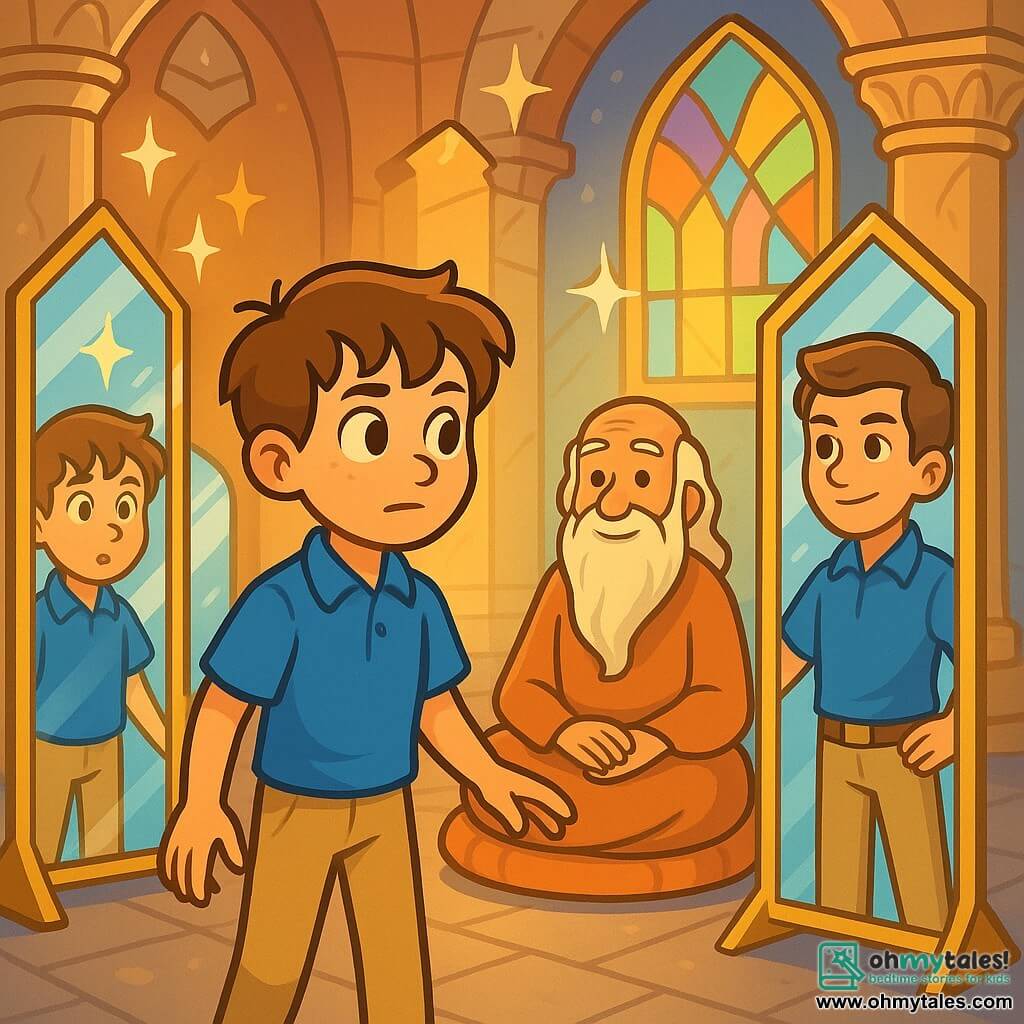 A 12-year-old boy named Lyle, with chestnut hair and curious sparkling eyes, stands in the center of an ancient temple surrounded by shimmering mirrors reflecting his amazed face. He wears a blue shirt and beige pants, and his expression is both intrigued and determined as he observes his reflection in a mirror showing a more confident version of himself. Nearby, an elderly sage with a long white beard and wise eyes sits cross-legged on a plush cushion, wearing a simple flowing robe and gently smiling at Lyle, encouraging him to explore his thoughts. The temple is majestic, featuring marble columns adorned with delicate patterns and soft light filtering through stained glass windows, casting vibrant colors on the stone floor. The main scene shows Lyle contemplating his reflection in a mirror, realizing he must confront his own truths to progress on his journey.