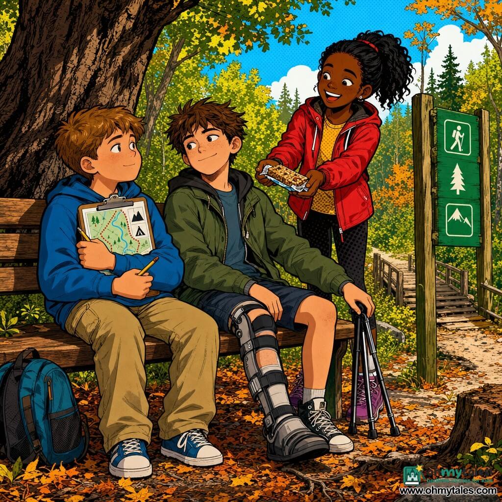 A 12-year-old boy with a round face, short light-brown hair and a calm, relieved expression sits on a wooden bench under a large oak, holding a clipboard and pencil to his chest; another roughly 12-year-old boy with a visible left leg brace, fair skin and messy brown hair smiles confidently beside him, gently setting a folding cane next to the bench; a 12-year-old girl with black hair in a ponytail and a bright red jacket stands slightly behind, offering a granola bar with a playful look and outstretched hands; the scene is a bright forest trail with orange leaves and visible roots, a cracked wooden bridge and a green trailhead sign in the background; the boys rest under the oak exchanging a calm, companionable moment, the clipboard showing a small trail map with clear symbols, in warm, saturated pop-art colors with sharp outlines.