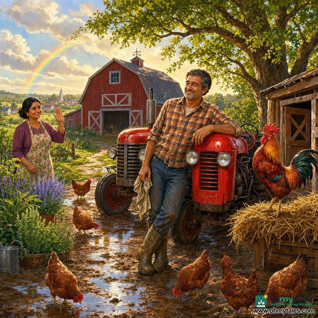 Thomas, a smiling, weathered man with short salt-and-pepper hair wearing an earth-toned plaid shirt and muddy boots, leans with one hand on the shiny red hood of an old tractor and holds an oiled rag in the other; nearby Mrs. Patel, about fifty, with a gentle smile and her hair in a bun, wearing a floral apron, stands by a bed of herbs waving to him; the rooster Piccolo, chest puffed, iridescent red-and-gold feathers, perches proudly on a straw pile near the coop while several russet hens peck at the wet ground around small shimmering puddles; the farmyard is muddy with a large red wooden barn, a plank henhouse with an ajar door, a shady oak to the right and a dirt path to the village; it is morning after rain with golden sunlight breaking through partly cloudy skies, a faint rainbow, a peaceful proud atmosphere, the scent of fresh earth and glints of light on the tractor and water on the feathers.