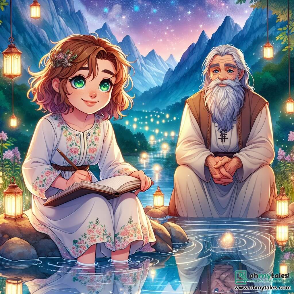 A 12-year-old girl, Elara, with large light brown curls and sparkling green eyes, is sitting by a crystal-clear lake, her reflection shimmering in the sunlight. She wears a light floral dress and holds an open notebook on her lap, her face lit up by a smile of wonder. Nearby, an old sage with silver hair and a bushy beard, dressed in a simple tunic, watches Elara kindly. He sits on a rock surrounded by floating lanterns that softly illuminate the scene. The enchanting lake is surrounded by majestic mountains and lush forests, where the colors of the sky blend with the water's reflections, creating a magical and peaceful atmosphere. The main situation shows Elara asking a profound question to the sage, seeking to understand the mysteries of life, while glimmers of light dance around them, symbolizing wisdom and the secrets of nature.
