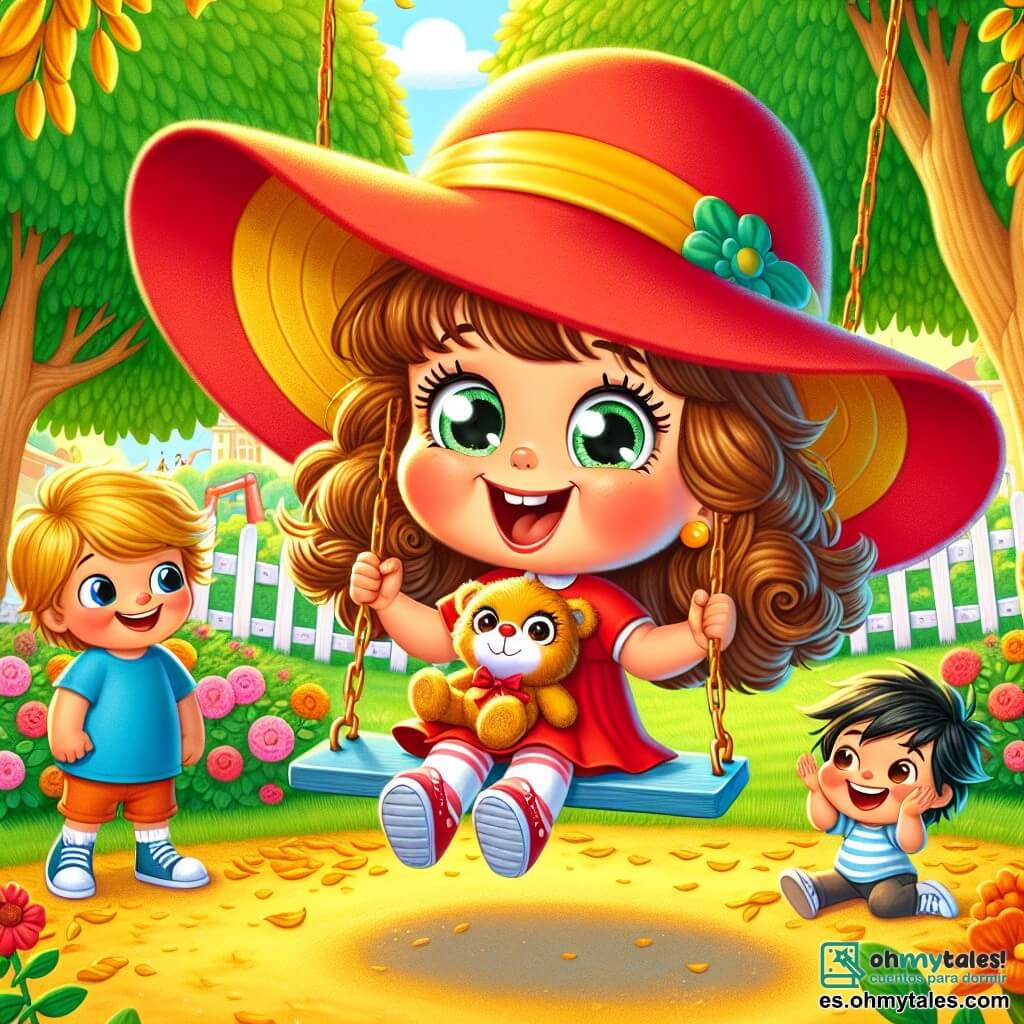 Una niña de 4 años, llamada Sofía, con grandes ojos brillantes y cabello rizado castaño, lleva un enorme sombrero rojo que le cubre los ojos. Sonríe con entusiasmo y determinación, abrazando a un oso de peluche llamado Momo. A su lado, un niño de 5 años, Tomás, con cabello rubio y una camiseta azul, se ríe al mirarla, mientras que una niña de 4 años, Lila, con cabello negro y un vestido rosa, aplaude con una gran sonrisa. La escena tiene lugar en un parque soleado, lleno de árboles verdes y flores coloridas. En el centro, hay un gran columpio brillante rodeado de hojas doradas caídas. Sofía está de pie en un pequeño banco, lista para saltar hacia el columpio, con una expresión de alegría y emoción en su rostro. Sus amigos la miran con admiración, creando una atmósfera de camaradería y aliento.