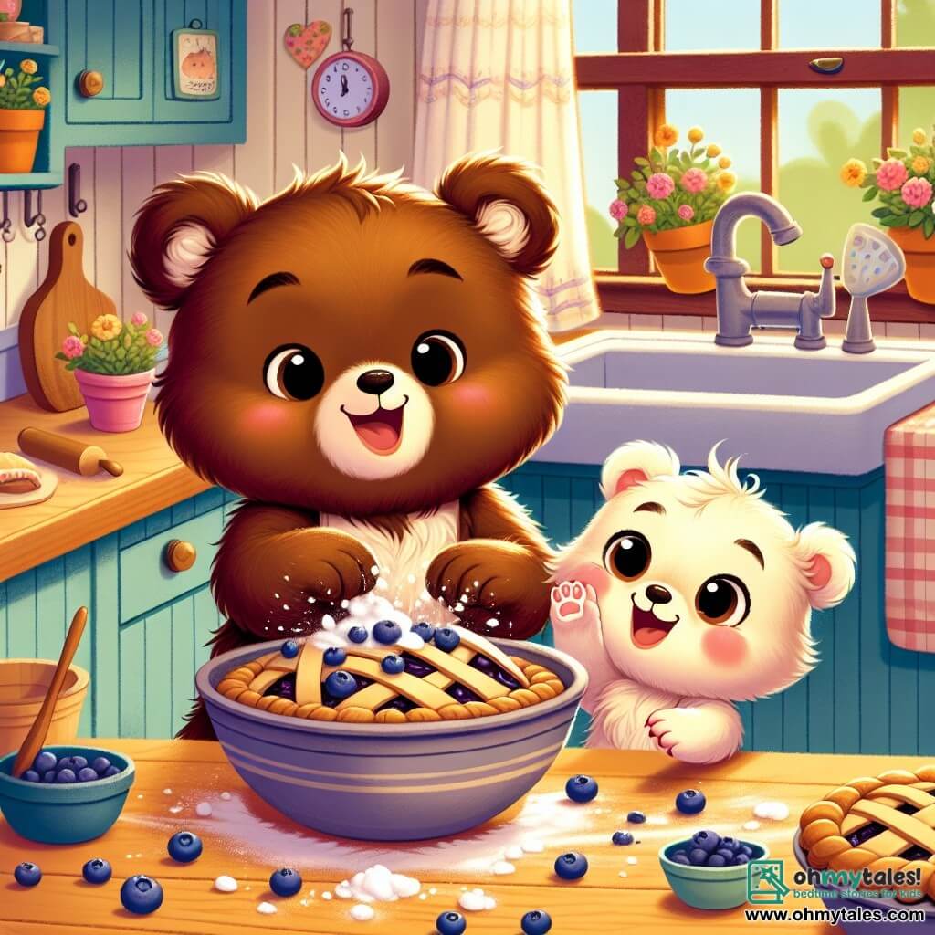 A little brown bear named Benny, with soft and shiny fur, stands in a cozy wooden kitchen, his face beaming with joy and excitement. He is mixing pie dough in a large bowl, flour floating around him. Next to him, his little sister Bella, a cub with sparkling eyes and cream-colored fur, laughs as she tries to catch blueberries rolling on the floor, her expression full of mischief and happiness. The kitchen is decorated with colorful jars, fresh flowers on the table, and a window letting in sunlight, creating a warm and inviting atmosphere. Benny and Bella are together making a blueberry pie for Father's Day, filled with enthusiasm and love.