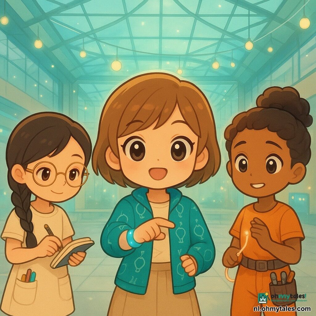 Drie meisjes van 11 jaar: Mira, châtain clair kort haar, grote nieuwsgierige ogen, turquoise jas met lampmotief en een lichtgevende armband die ze voor zich toont, in het midden; Jade, zwart ingevlochten haar, gouden ronde bril, crème praktische jurk met potloden in de zakken en een schetsboek, links van Mira tekenend; Noor, krullend haar in een knot, nerveuze glimlach, oranje outfit met gereedschap aan de riem, rechts iets teruggetrokken terwijl ze een lichtbandje vasthoudt en naar de pergola kijkt. Locatie: helder stedelijk atrium onder glazen pergola’s met hangende lichtsnoeren, glad zilverkleurig tegelvloer, fontein met waterlinten, dunne schermen aan de muur en parelvormige sensoren; kleurenpalet zacht turkoois, bleekgoud en zilvergrijs. Hoofdsituatie: de meisjes testen een kleine glanzende armband genaamd LuisterLus die de pergola boven hen een zachte turkooizen gloed laat pulseren; sfeer van hoop en kalmte, warme verlichting, geconcentreerde glimlachen en voorzichtige gebaren; visuele stijl: ronde zachte vormen, strakke lijnen, glanzende texturen en kleine reflecties op metaal en water, futuristisch maar vriendelijk.