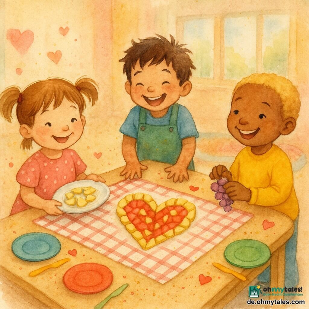 Drei Kinder, etwa 5 Jahre: Mia, hellbraune Zöpfe, rosa gepunktetes Kleid, hält auf dem vorderen, linken Platz einen Teller mit einem großen Herz aus Apfel‑ und Bananenscheiben; Leni, kurze blonde Haare, gelber Pullover und Jeans, sitzt rechts neben dem Herz, lächelt und hält eine Traube; Max, zerzauste braune Haare, blaues T‑Shirt und grüne Latzhose, steht hinter dem Tisch, lacht und hat noch etwas Sand an den Händen, beugt sich zum Frucht‑Herz. Hell erleuchteter Klassenraum mit großen Fenstern, pastellfarbenen Wänden, buntem Teppich im Hintergrund, heller Holztisch mit rotkariertem Tuch, bunte Teller, Plastikkmesser, vereinzelte Papierherzen und Pailletten. Szene warm und zärtlich: die Kinder teilen und präsentieren ein großes Herz aus Früchten, warme Farben (Rosa, Gelb, Rot) und weiche Aquarell‑Textur mit kleinen Farbspritzern für eine fröhliche Stimmung.