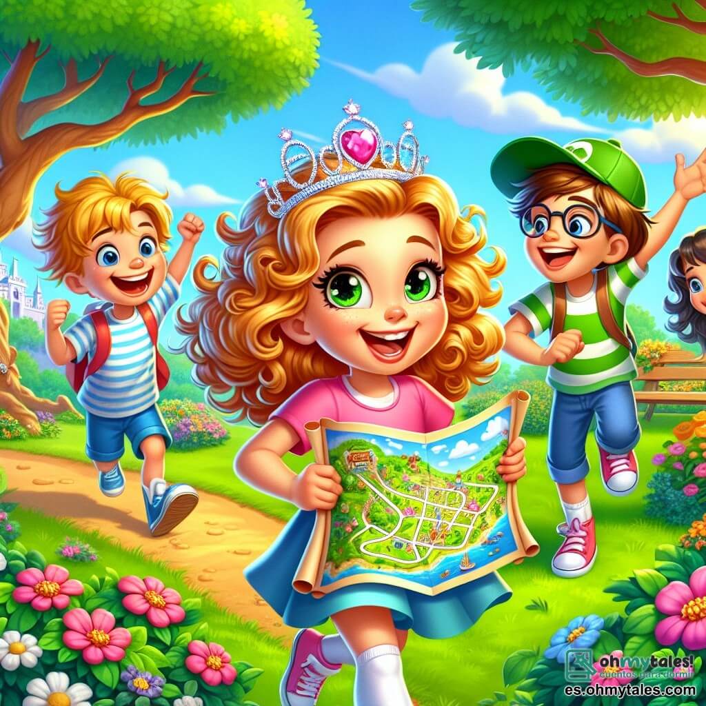 Una niña de 6 años, Clara, con cabello rizado y dorado, lleva una tiara de plástico brillante. Tiene una gran sonrisa alegre y ojos chispeantes de emoción, sosteniendo un misterioso mapa del tesoro en sus manos. A su lado, Lucas, un niño de 6 años con una gorra verde, corre con energía, riendo a carcajadas, mientras Sofía, una niña de 6 años con gafas y un libro bajo el brazo, mira el mapa con curiosidad. Mateo, un niño de 6 años con una camiseta a rayas, se queda un poco atrás, riendo y haciendo gestos cómicos. La escena tiene lugar en un parque soleado, lleno de flores coloridas y árboles majestuosos, con un gran árbol en el centro donde los niños se han reunido. Están rodeados de vegetación, y el cielo es de un azul brillante, salpicado de algunas nubes blancas y esponjosas. Los amigos descubren un tesoro escondido, una caja llena de chocolates, y están a punto de abrirla juntos, con sus rostros iluminados por la anticipación y la alegría.