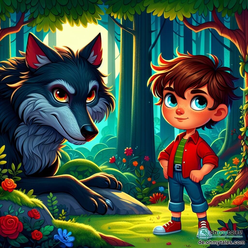 Ein 8-jähriger Junge namens Emil steht mutig vor einem großen bösen Wolf. Emil hat zerzauste kastanienbraune Haare, funkelnde Augen voller Entschlossenheit und trägt ein leuchtend rotes Hemd mit Jeans. Sein Gesicht zeigt eine Mischung aus Angst und Mut, mit einem leichten Lächeln, das seinen Willen zeigt, dem Wolf entgegenzutreten. Der große böse Wolf, riesig und imposant, hat ein pelzschwarzes Fell und silberne Augen, die geheimnisvoll leuchten. Er sitzt auf einem Felsen und schaut Emil mit einem Ausdruck von Traurigkeit und Neugier an. Die Szenerie ist ein tiefes, mysteriöses Waldgebiet mit majestätischen Bäumen und grünen Blättern, die das Sonnenlicht filtern und tanzende Schatten auf den moosbedeckten Boden werfen. Bunte Blumen blühen um sie herum und verleihen der Umgebung einen Hauch von Magie. Die Hauptsituation zeigt Emil, der entschlossen den Wolf anspricht und ihn bittet, das Herz des Waldes zurückzugeben. Der Wolf, obwohl bedrohlich, wirkt zögerlich, als wäre er von Emils Worten berührt.