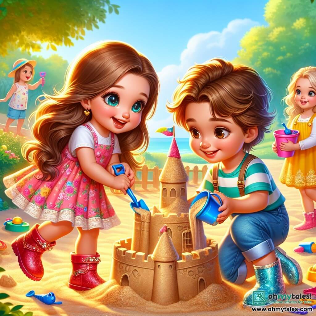 A 4-year-old girl named Maya, with long brown hair and sparkling eyes, joyfully smiles while building a sandcastle. She wears a pink floral dress and shiny red shoes. Next to her, a 5-year-old boy named Sam, with curly hair and sparkling blue boots, uses a bucket to shape a large sand wall. He is focused and smiling, looking at Maya with enthusiasm. In the background, a 3-year-old girl with blonde hair and a yellow dress observes while holding a small shovel, ready to join the fun. The setting is a sunny park with lush green trees, a clear blue sky, and colorful toys scattered around. The golden sand of the playground sparkles in the sun. The scene depicts Maya, Sam, and the little girl building a beautiful sandcastle together, topped with colorful flags, symbolizing friendship and cooperation.