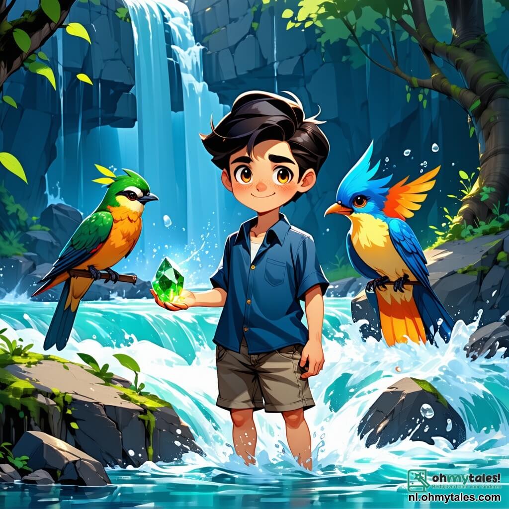 Een 12-jarig jongen, genaamd Finn, staat aan de oever van een woelige rivier, zijn ogen stralend van vastberadenheid en verwondering. Hij heeft rommelig zwart haar, een versleten blauwe shirt en een canvas short, en hij houdt een groene edelsteen in zijn hand, klaar om het onbekende tegemoet te treden. Naast hem zit Lira, de vuurvogel, met haar schitterende veren en glinsterende ogen, op een lage tak en kijkt Finn aan met een bemoedigende blik. De achtergrond is een uitgestrekt en mysterieus bos, waar reusachtige bomen met knoestige stammen naar de lucht reiken, hun felgroene bladeren het gouden licht van de ondergang filterend, terwijl kleurrijke bloemen bloeien op de met mos bedekte grond. De belangrijkste situatie toont Finn, moedig en vastberaden, klaar om de woelige rivier over te steken om Lira, de vuurvogel, te redden van de greep van een dreigende schaduw die zich achter hem vormt, wat een sfeer van avontuur en magie creëert.