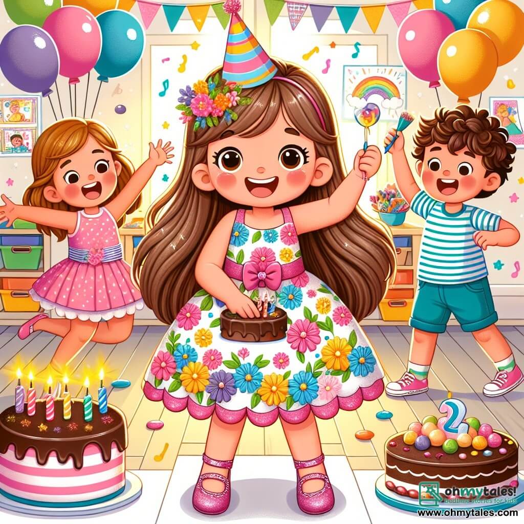 A 4-year-old girl named Lily, with long brown hair and sparkling joyful eyes, stands at the center of the scene, smiling widely with rosy cheeks. She wears a pretty colorful dress with flower patterns and a small party hat. Next to her is a 5-year-old boy named Tommy, with curly hair and great energy, holding colorful balloons floating in the air. He is jumping with joy. Mia, a 4-year-old girl in shiny shoes, is cutting a chocolate cake on a table decorated with colorful garlands. She has a big smile on her face, surrounded by confetti. The setting is a bright classroom adorned with balloons, colorful streamers, and a large table filled with cakes and treats. Children's drawings decorate the walls, adding a cheerful touch to the atmosphere. The main scene shows Lily surrounded by her friends, celebrating her birthday with laughter and singing, while bursts of happiness light up the room.