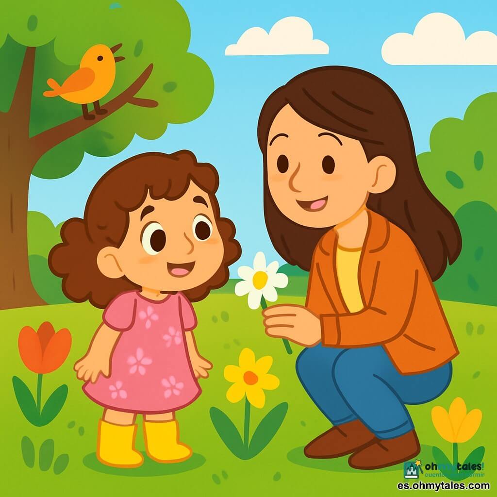 Una niña de 4 años, llamada Luna, con grandes ojos brillantes y cabello rizado castaño, sonríe con asombro al mirar flores coloridas en un parque. Lleva un bonito vestido rosa con estampados de flores y botas de lluvia amarillas. A su lado, su mamá, una mujer de unos 30 años, con cabello largo y liso, vestida con una chaqueta ligera y pantalones de mezclilla, se agacha para mostrarle una margarita, con una dulce sonrisa en el rostro. El parque está lleno de vegetación, con árboles de hojas brillantes y un cielo azul salpicado de nubes blancas. Flores de todos los colores, como tulipanes rojos y narcisos amarillos, florecen a su alrededor, mientras un pequeño pájaro canta en una rama cercana. Luna y su mamá exploran el parque en primavera, maravilladas por la belleza de las flores y los pájaros, compartiendo un momento de alegría y descubrimiento juntas.