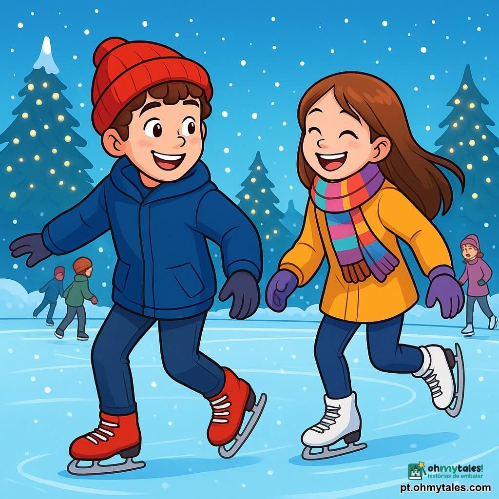 Um garoto de 12 anos, com cabelos castanhos e cacheados, usa um gorro vermelho vivo e um grosso casaco azul. Seu rosto expressa alegria e excitação, com bochechas rosadas pelo frio. Ele está patinando em uma pista de patinação, deslizando com um sorriso radiante, os braços levemente abertos para manter o equilíbrio. Ao seu lado, uma menina de 11 anos, com cabelos longos e lisos, usa um cachecol multicolorido e luvas roxas. Ela ri tentando alcançá-lo, com os olhos brilhando de felicidade. O cenário é uma pista de patinação ao ar livre, cercada por pinheiros cobertos de neve, sob um céu azul brilhante. Luzes cintilantes decoram as árvores, criando uma atmosfera festiva. A cena mostra o garoto e a menina se divertindo juntos, deslizando sobre o gelo, cercados por outras crianças que patinam e riem, enquanto flocos de neve caem suavemente ao redor deles.