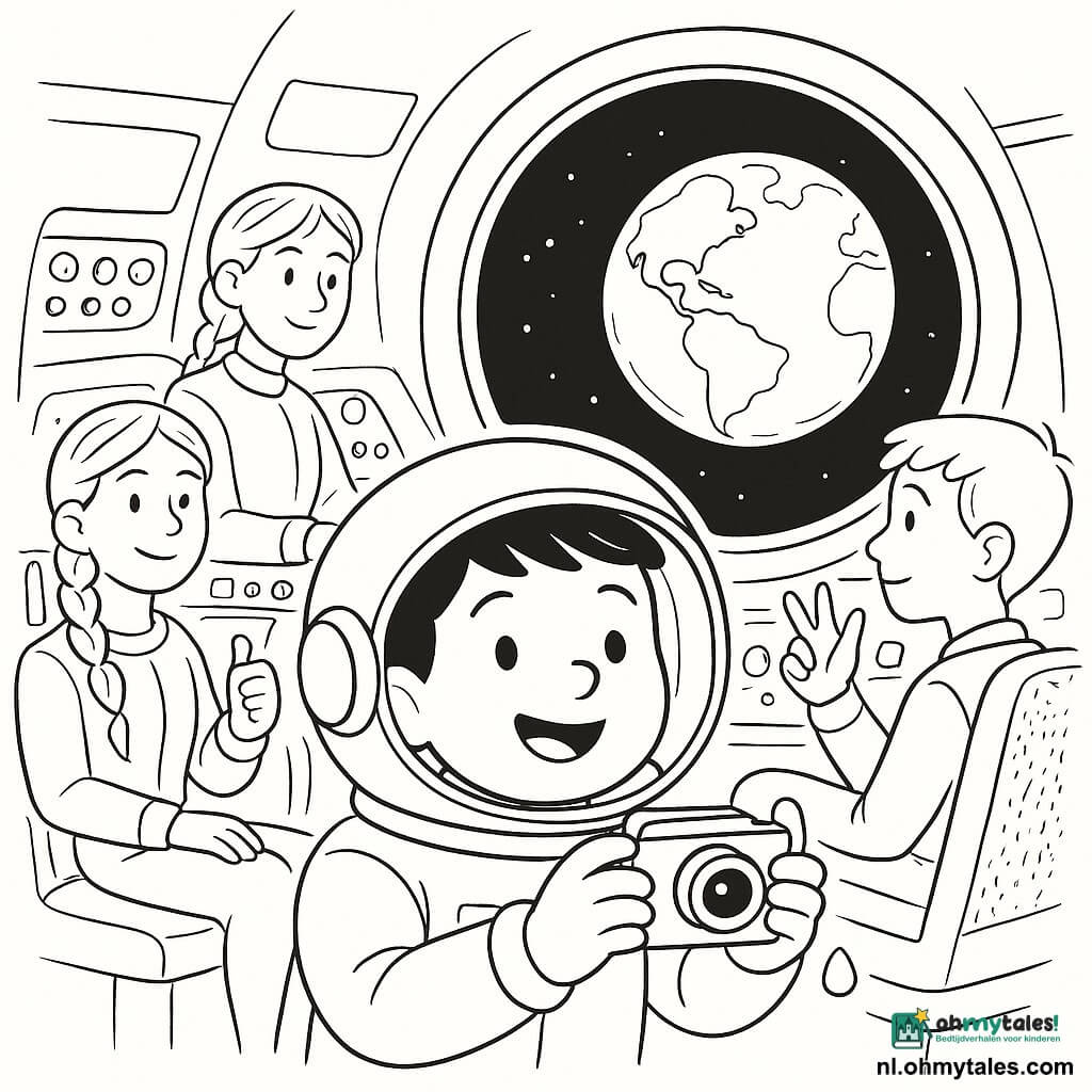 Een jongen — Milan — is astronaut, rond gezicht en korte bruine haren onder een transparant vizier, verwonderd glimlachend en zwevend in de cabine met een kleine camera; een meisje — Mila — zit iets achter links, glimlachende tiener met gevlochten haar die Milan bekijkt en duim omhoog steekt bij een bedieningspaneel; rechts Tom, blond jongetje, telt op zijn vingers en kijkt naar het raam bij een console; achteraan Noor, chef met kort grijs haar, rustig bedient instrumenten vanaf een hoger zitje; locatie: gedetailleerde ruimteschipcabine met gladde metalen oppervlakken, getextureerde stoelen, grote ronde ramen en knoppen; scène: Milan neemt een foto van de blauwe-witte aarde door het grote raam terwijl een bolvormige waterdruppel bij zijn hand zweeft, zachte rustige sfeer en compositie gecentreerd op het raam en de astronaut.