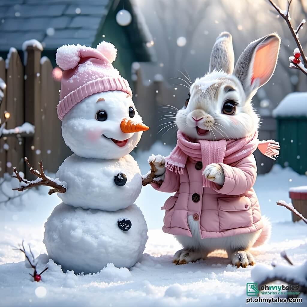 Um pequeno porquinho travesso chamado Lino, um adorável coelhinho com grandes orelhas e pelagem macia, está construindo um boneco de neve em um jardim coberto de neve. Ele sorri amplamente, com os olhos brilhando de alegria enquanto rola uma bola de neve. Ao lado dele, sua mãe, Dona Lala, uma doce coelha com um casaco rosa e um bonito lenço, o encoraja com um sorriso caloroso, segurando uma cenoura para o nariz do boneco de neve. O jardim está coberto por uma espessa camada de neve cintilante, com árvores cujos galhos estão carregados de flocos brancos, e um céu cinza claro onde alguns flocos caem suavemente. A cena mostra Lino e sua mãe criando um alegre boneco de neve, cercados pela magia do inverno, repleta de risos e felicidade.