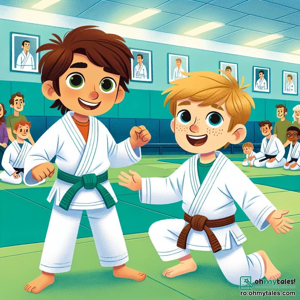 Un băiat de 6 ani, Andrei, cu părul castaniu în dezordine și un zâmbet larg, poartă un gi alb de judo. Se antrenează pe un tatami, arătând o poziție de judo cu determinare și bucurie. Lângă el, Radu, un alt băiat de 6 ani, are părul blond și ochii strălucitori de entuziasm. Îl imită pe Andrei, pregătit să învețe, cu un zâmbet mic pe față. Decorul este o sală de sport luminoasă, cu pereți vopsiți în albastru deschis și covoare de judo verzi pe podea. Postere cu campioni de judo împodobesc pereții, iar părinții stau pe bănci, privindu-și copiii cu mândrie. Situația principală îi arată pe Andrei și Radu în plină demonstrație de judo, încurajându-se reciproc, înconjurați de alți copii care se antrenează, creând o atmosferă de camaraderie și bucurie.
