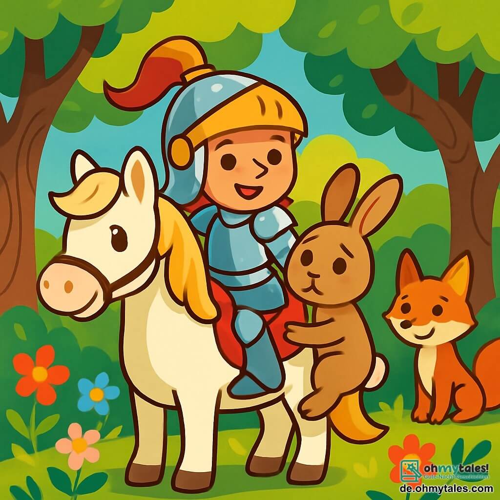 Eine mutige Ritterin namens Ida steht stolz auf ihrem weißen Pferd Lila. Sie trägt eine glänzende silberne Rüstung, die unter der Sonne funkelt, mit einem goldenen Helm und einem entschlossenen Lächeln auf ihrem Gesicht. Neben ihr kuschelt sich ein kleiner brauner Hase namens Hasi mit großen traurigen Augen an Lila und schaut Ida dankbar an. Ein kleiner schlauer Fuchs, etwa 5 Jahre alt, mit leuchtend rotem Fell, steht im Hintergrund, mit aufgerichteten Ohren, bereit zu helfen. Die Szene spielt in einem verwunschenen Wald, wo große Bäume mit knorrigen Stämmen majestätisch aufragen und ihre grünen Blätter das goldene Licht der Sonne filtern. Bunte Blumen bedecken den Boden und schaffen einen Teppich aus lebhaften Farben. Ida streckt entschlossen die Hand nach Hasi aus, um ihn zu ermutigen, auf Lila zu steigen, während der Fuchs sie mit einem schelmischen Lächeln beobachtet, bereit, sie auf dem Rückweg zu führen.