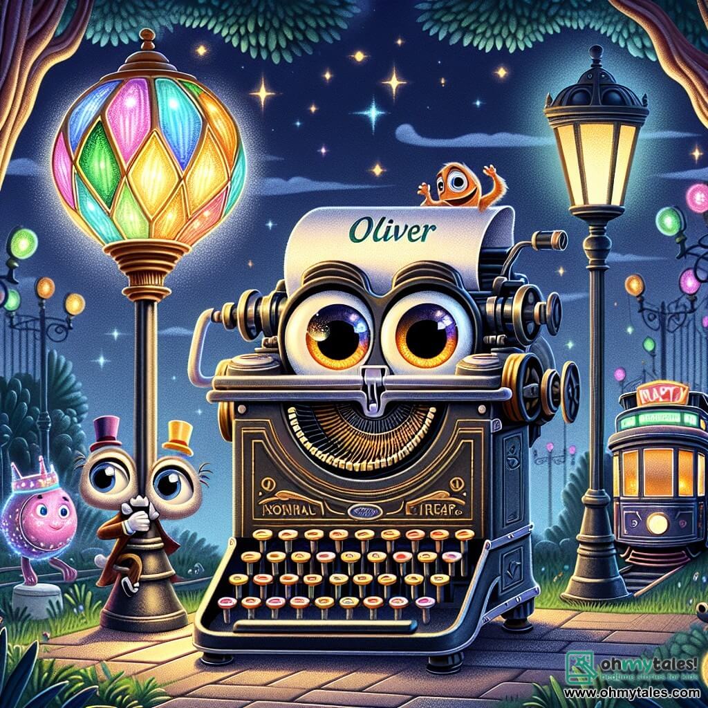 In the center of the image, Oliver, an old vintage typewriter, is depicted with shiny metal keys and a colorful ink ribbon. His eyes, made of small buttons, express intense determination as he frantically types, creating magical words that float around him. To his right, Lila, an animated lamp-post, stands proudly with a colored glass lampshade casting a warm light. She smiles kindly, lighting the way for Oliver. To the left, Max, a bright old tram, is shown with moving wheels, his eyes full of wisdom and experience. He looks at Oliver with pride, ready to support him in this adventure. The setting unfolds in a magical urban park, where majestic trees with shimmering leaves rise under a starry sky. Colorful neon lights illuminate the path, and fantastical creatures hide in the shadows, adding a touch of mystery to the environment. The main scene shows Oliver and his friends united in an epic battle against a threatening shadow, symbolizing "The Veil," looming behind them, ready to engulf the light of the city's heart. The magical words Oliver types soar into the air, illuminating the scene with a vibrant and hopeful glow.