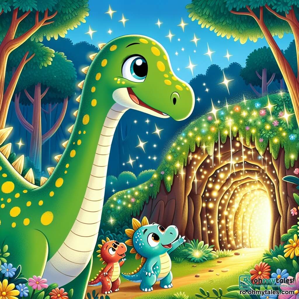 Un diplodocus numit Dimi, cu un gât lung și elegant și o piele verde presărată cu pete galbene, se află în centrul imaginii, arătând o expresie de curiozitate și uimire. El privește cu entuziasm o lumină strălucitoare care provine dintr-o peșteră misterioasă. La dreapta sa, un dino mic numit Dino, cu solzi roșii și ochi sclipitori, sare de bucurie, în timp ce la stânga sa, Lila, un dino mic albastru cu pete albe, zâmbește și arată spre peșteră. În fundal, o pădure luxuriantă de copaci mari cu frunze vibrante și flori colorate înconjoară scena, în timp ce un cer albastru strălucitor luminează totul. Situația principală arată cum Dimi și prietenii săi descoperă peștera magică, plină de cristale strălucitoare, pregătiți să trăiască o nouă aventură.