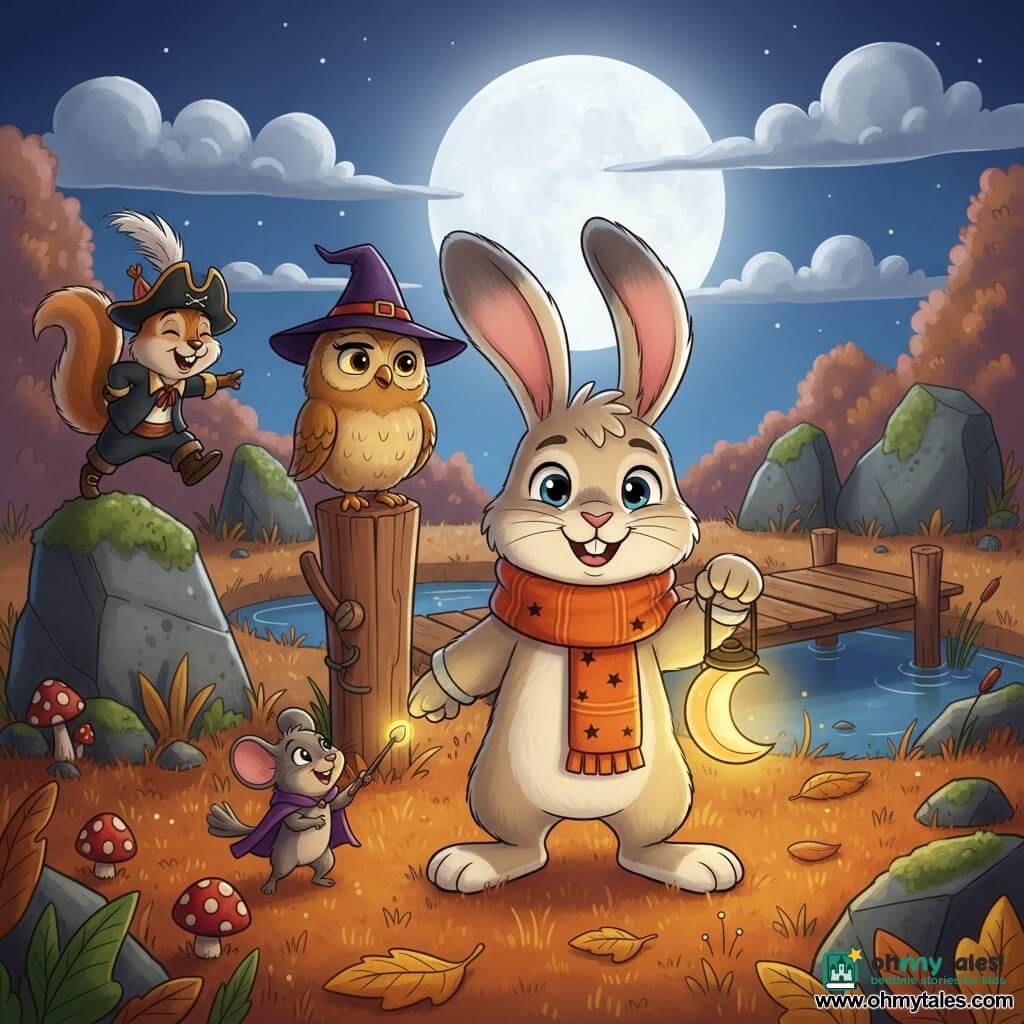 The main character is a young anthropomorphic rabbit with long floppy ears and cream fur speckled with gray, wearing a chunky orange scarf with small black stars, smiling proudly with bright eyes and holding a small moon-shaped lantern in his right forepaw; Olive, a small owl perched on a wooden post behind him, has golden-brown plumage, a tiny black witch hat and a wise amused tilt of the head; Maggie, a tiny mouse in a purple cape, stands by the rabbit’s feet smiling in wonder and pointing a thin wand topped with a shiny pebble toward the lantern; Pip the squirrel, dressed as a pirate, frolics on a rock in the left background, hat askew, laughing at the group. The setting is an autumn clearing: russet grass strewn with orange and yellow leaves, red-and-white mushrooms, an old mossy stone circle and a wooden jetty leading to a small pond reflecting a round moon. The scene centers on the group beneath a large Halloween moon breaking through clouds, silver light on faces, carved lanterns casting soft shadows—warm, nocturnal, magical atmosphere with saturated colors and strong contrast.