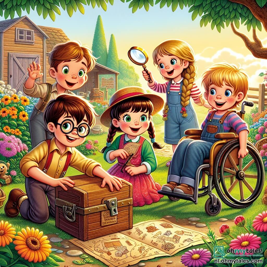 In een charmante zonnige tuin staan vier vrienden samen, klaar voor avontuur. Sam, een jongen met bruin haar en ronde bril, houdt een groot mysterieboek in de ene hand en een grote loep in de andere, met een brede glimlach. Naast hem bekijkt Lotte, een meisje met gevlochten blond haar in een kleurrijke jurk, aandachtig een kaart met schattekeningen. Finn, een jongen met wild rood haar, trekt gekke gezichten terwijl hij een oude houten doos vasthoudt, terwijl Tom, een jongen met kastanjebruin haar in zijn rolstoel, enthousiast naar de anderen kijkt met fonkelende ogen van opwinding. De tuin is gevuld met stralende bloemen in alle kleuren, grote groene bomen en een oude houten schuur op de achtergrond, waar een mysterieuze schatkist zich bevindt. De vrienden ontdekken een oude vergrendelde houten doos en zijn vastbesloten de sleutel te vinden om deze te openen, terwijl ze zich op een zoektocht vol mysterie en lach begeven, omringd door de schoonheid van hun tuin.