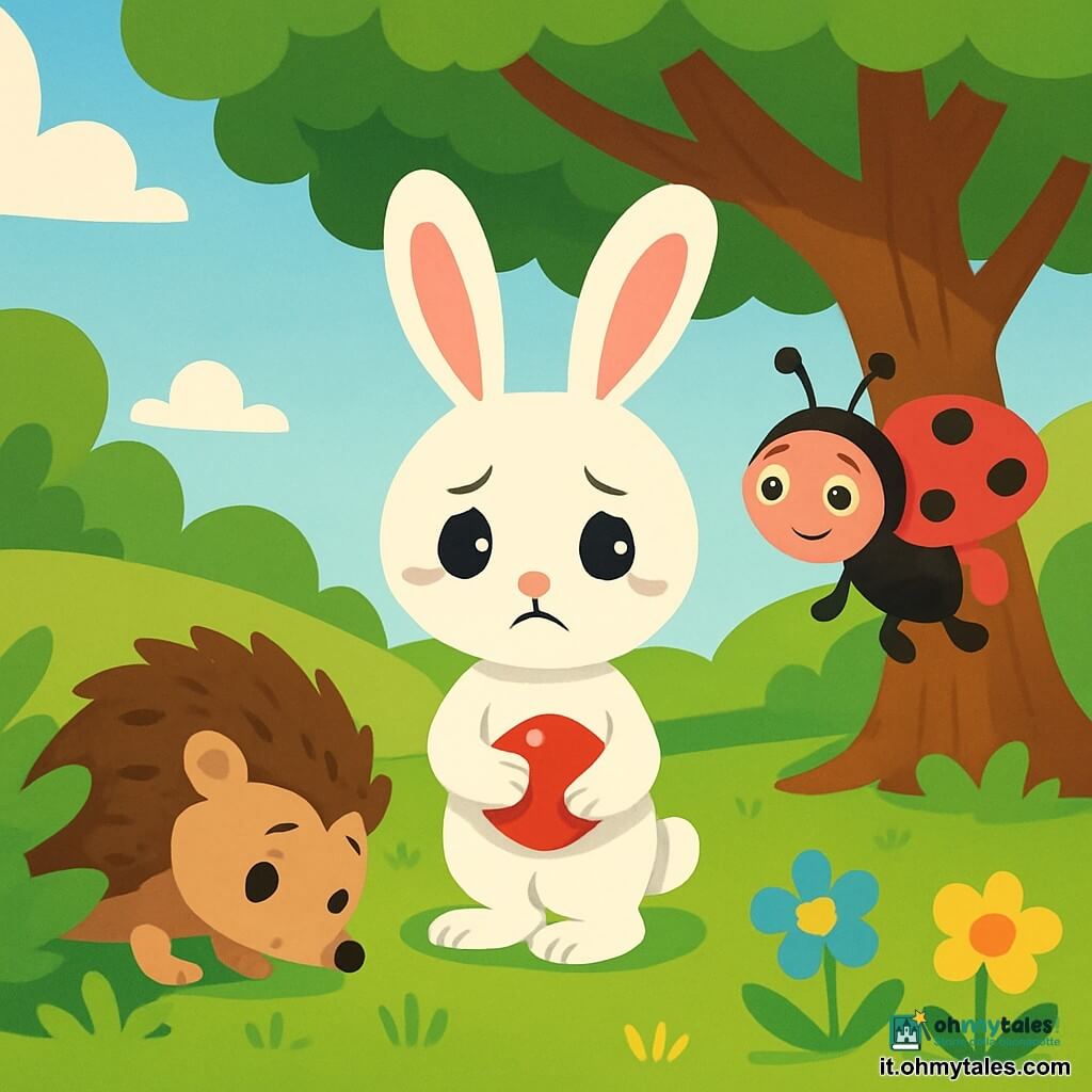 Un piccolo coniglio bianco di nome Tommy, con grandi orecchie e occhi brillanti, si trova al centro dell'immagine, con un'espressione triste e pensierosa, le zampe anteriori appoggiate sul ventre. A destra, una coccinella rossa con pois neri, Lila, vola allegramente, ma il suo sorriso è un po' incerto, come se si stesse chiedendo cosa stia succedendo. A sinistra, un piccolo riccio, Bruno, con aculei marroni e uno sguardo preoccupato, cerca sotto un cespuglio, le sue piccole zampe frugano nel terreno. Lo sfondo è un magnifico prato verde, punteggiato di fiori colorati e un grande albero con rami estesi, sotto il quale si svolge la scena. La luce del sole filtra tra le foglie, creando ombre morbide sul terreno. La situazione principale mostra Tommy, il coniglio, che ammette di aver nascosto la palla rossa di Bruno, circondato dai suoi amici che lo ascoltano attentamente, illustrando un momento di verità e riconciliazione.