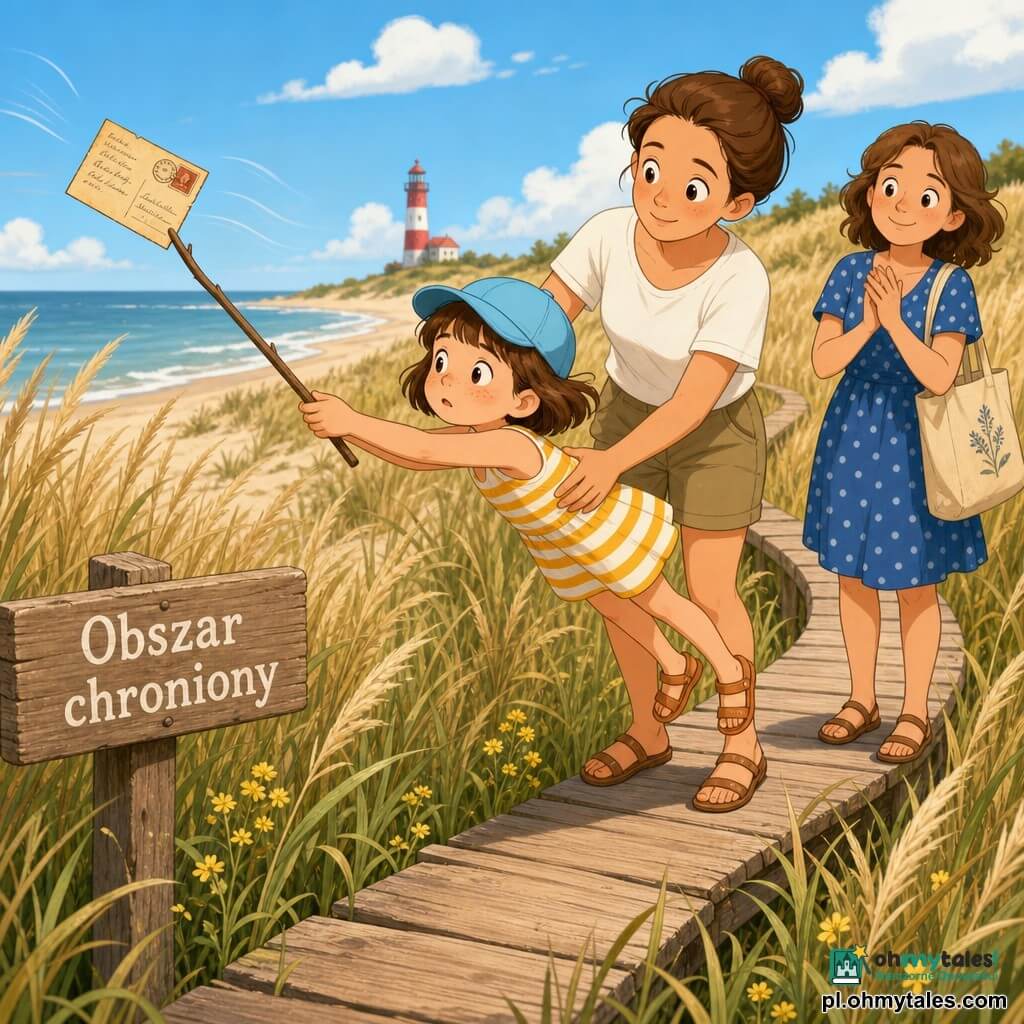 Sześcioletnia dziewczynka, brązowe włosy do linii brody, piegi, w błękitnej czapce, sukience w białe i żółte paski i sandałach, leży na wąskiej drewnianej desce i sięga długim kijaszkiem po pożółkłą pocztówkę unoszoną przez lekki wiatr; matka ok. 35 lat, włosy w kok, biały t-shirt i krótkie khaki, stoi za nią, trzyma ją za talię i ma uspokajające spojrzenie; ciotka ok. 40 lat w niebieskiej sukience w kropki z małą bawełnianą torebką delikatnie klaszcze stojąc kilka kroków dalej po prawej; sceneria: wijąca się deska pośród wysokiej, beżowo-złotej trawy wydmowej z drobnymi żółtymi kwiatami, biały napis „Obszar chroniony” na drewnianym znaku, w tle jasna piaszczysta plaża i srebrzystoniebieskie morze z małą czerwono-białą latarnią na horyzoncie; lekki wiatr, subtelne napięcie i scena drobnego ratunku w ciepłych letnich barwach.