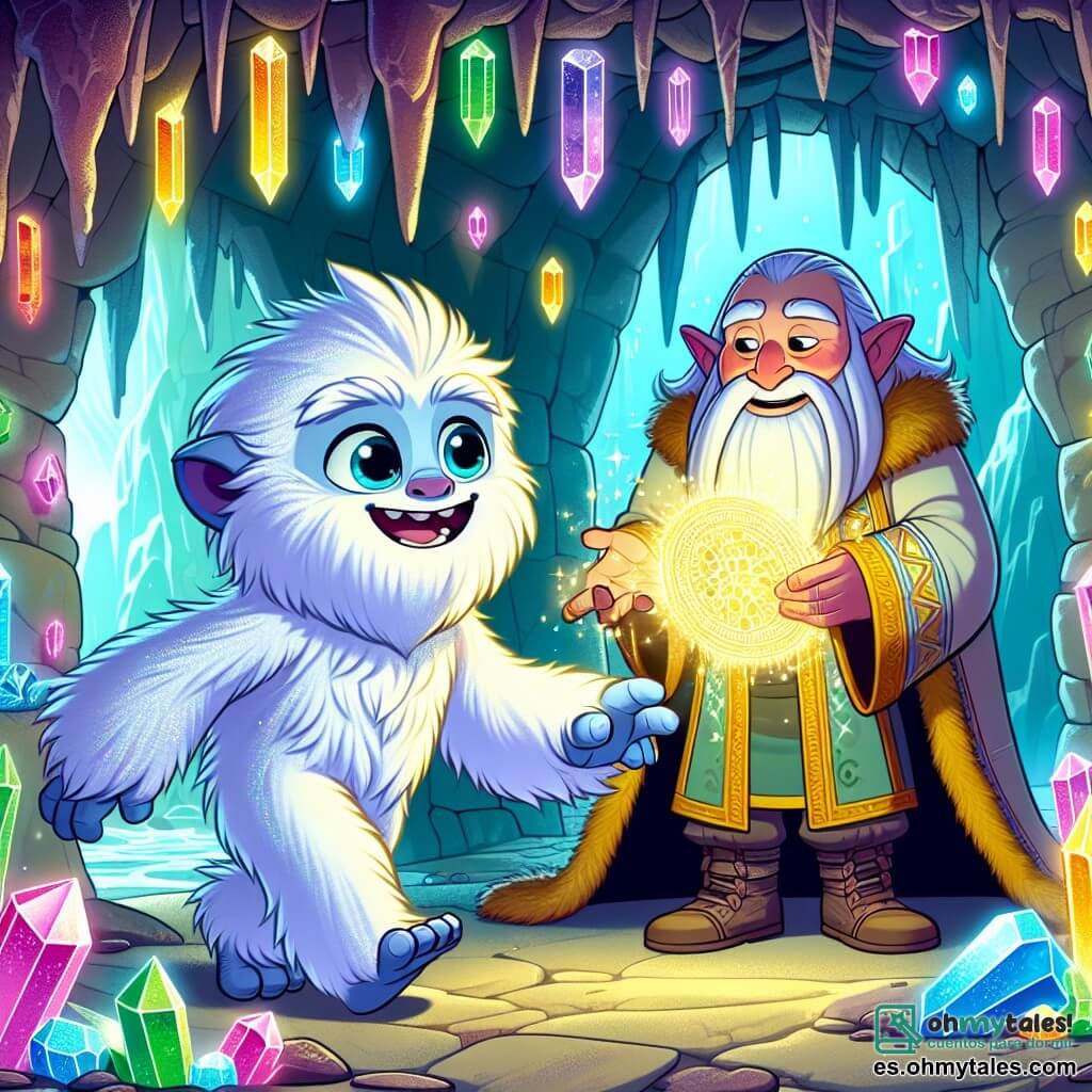 Un joven yeti llamado Koda, con un pelaje blanco brillante y ojos llenos de curiosidad, está en el centro de la escena, mostrando una expresión de asombro y determinación. Explora una caverna mágica, tocando piedras preciosas que iluminan su rostro. A su lado, Elor, un pequeño anciano con orejas puntiagudas y una larga capa colorida, sonríe amablemente, sosteniendo un antiguo grimorio que brilla con luz dorada. La caverna está decorada con paredes brillantes llenas de gemas multicolores que emiten reflejos luminosos, creando una atmósfera mágica. Koda descubre un pasaje secreto, listo para embarcarse en una aventura mágica, mientras Elor le explica la importancia de su misión para restaurar el equilibrio entre los reinos.
