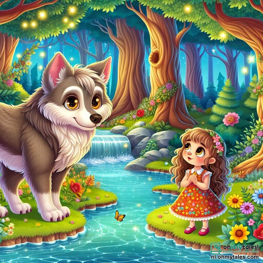 Een vriendelijke weerwolf, genaamd Max, staat aan de oever van een prachtige, heldere rivier. Hij heeft een zachte, dikke vacht in een lichte bruine kleur, met glanzende, expressieve ogen die schitteren als sterren. Max heeft een warme glimlach en kijkt naar een klein meisje, Lila, die nu een schattig konijntje is. Lila, een meisje van ongeveer 8 jaar, heeft lange, krullende haren en draagt een kleurrijke jurk met bloemenpatronen. Ze knielt bij de rivier, verwonderd door de schoonheid van de plek, met nieuwsgierige ogen. De omgeving is betoverend: majestueuze bomen met dikke stammen omringen de rivier, hun bladeren glanzen felgroen in de zon. Multicolore bloemen sieren het pad, terwijl vuurvliegjes door de lucht dansen, wat een magische sfeer creëert. Max en Lila zijn gefascineerd door een oude magische steen in het midden van de rivier, die een zachte gouden gloed uitstraalt. Ze staan op het punt het geheim te ontdekken dat Lila zal helpen haar menselijke vorm terug te krijgen, vol opwinding en hoop.