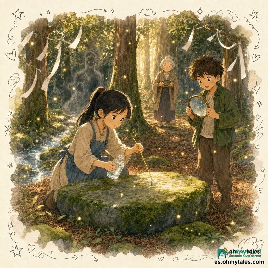 Aoi, niña de 10–12 años, rostro redondo, coleta negra, expresión dulce y decidida, vestido beige y delantal azul, arrodillada ante una gran piedra musgosa sosteniendo un pequeño frasco de agua y una pajita dorada; Kenji, niño de 10–12 años, pelo castaño despeinado, sonrisa tímida, chaqueta verde, de pie a la derecha mirando la piedra con asombro y sosteniendo un espejo redondo ligeramente agrietado; Oba, mujer mayor de unos 70 años, cabello gris en moño, piel arrugada y ojos benevolentes, en la entrada del sendero en el fondo con un cuenco de té; claro del bosque de cedros con suelo de agujas y musgo, piedra plana central, arroyo estrecho a la izquierda y cintas blancas en las ramas; Aoi y Kenji colocan tres ofrendas (frasco de agua, pajita dorada, espejo agrietado) mientras una niebla vagamente humanoide emerge entre las sombras; atmósfera tranquila con luz dorada de atardecer, luciérnagas y partículas luminosas; estilo: colores cálidos y naturales, textura de papel acuarela, trazos suaves, expresiones claras para niños y pequeños doodles (granitos de arroz, gotas, lunas) alrededor.
